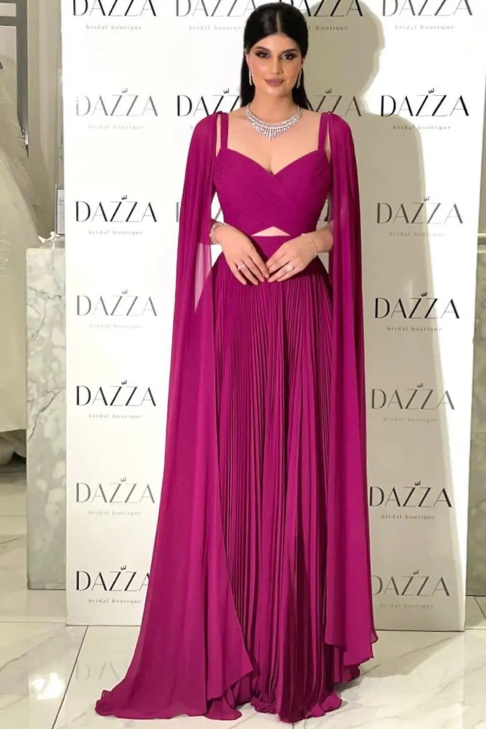 Elegant Fuchsia Chiffon Evening Dress with Cape Sleeves SF090 Sheer Fairy