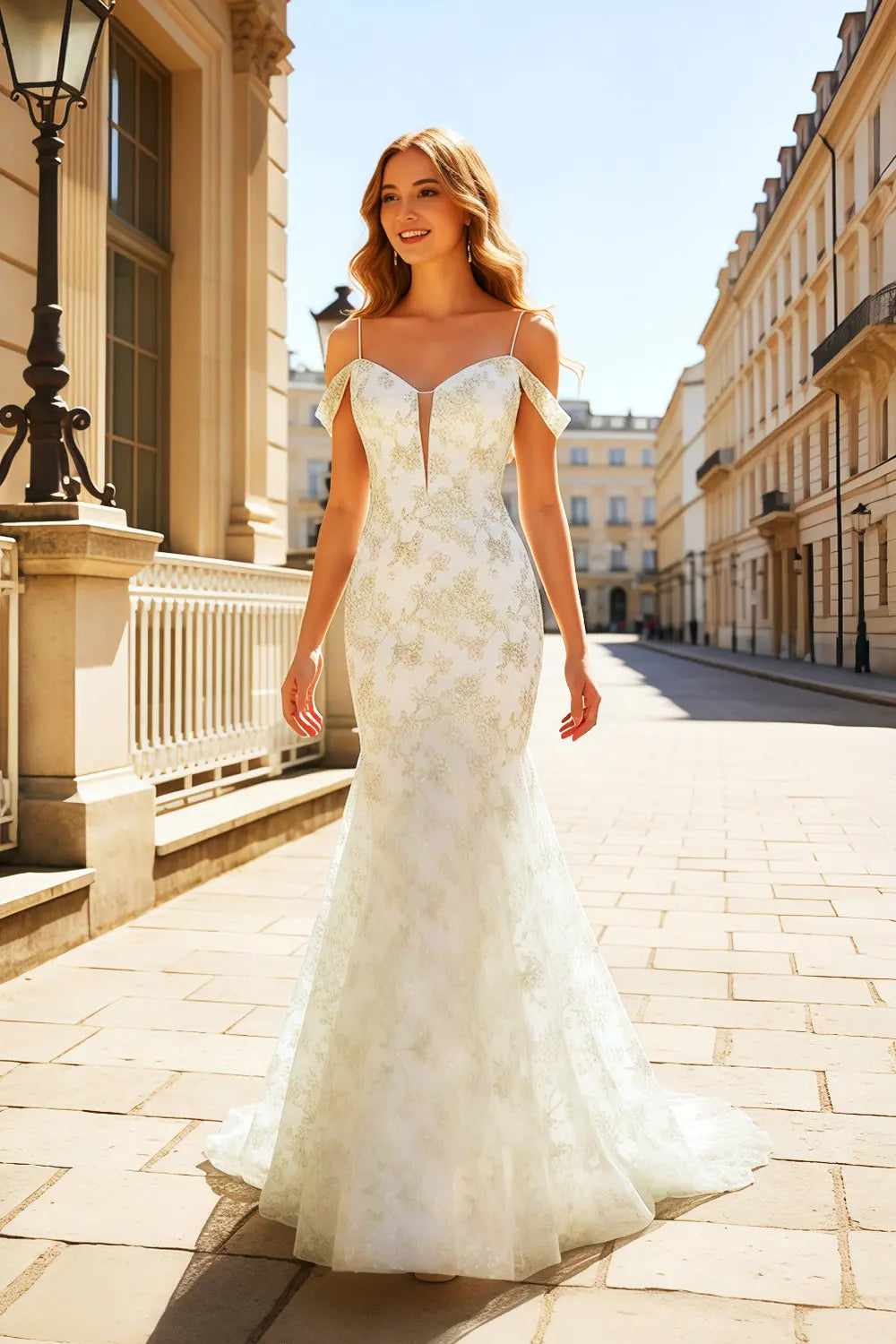 White Lace Mermaid Off-the-Shoulder Flora Beige Prom Dress SH460 Sheer Fairy