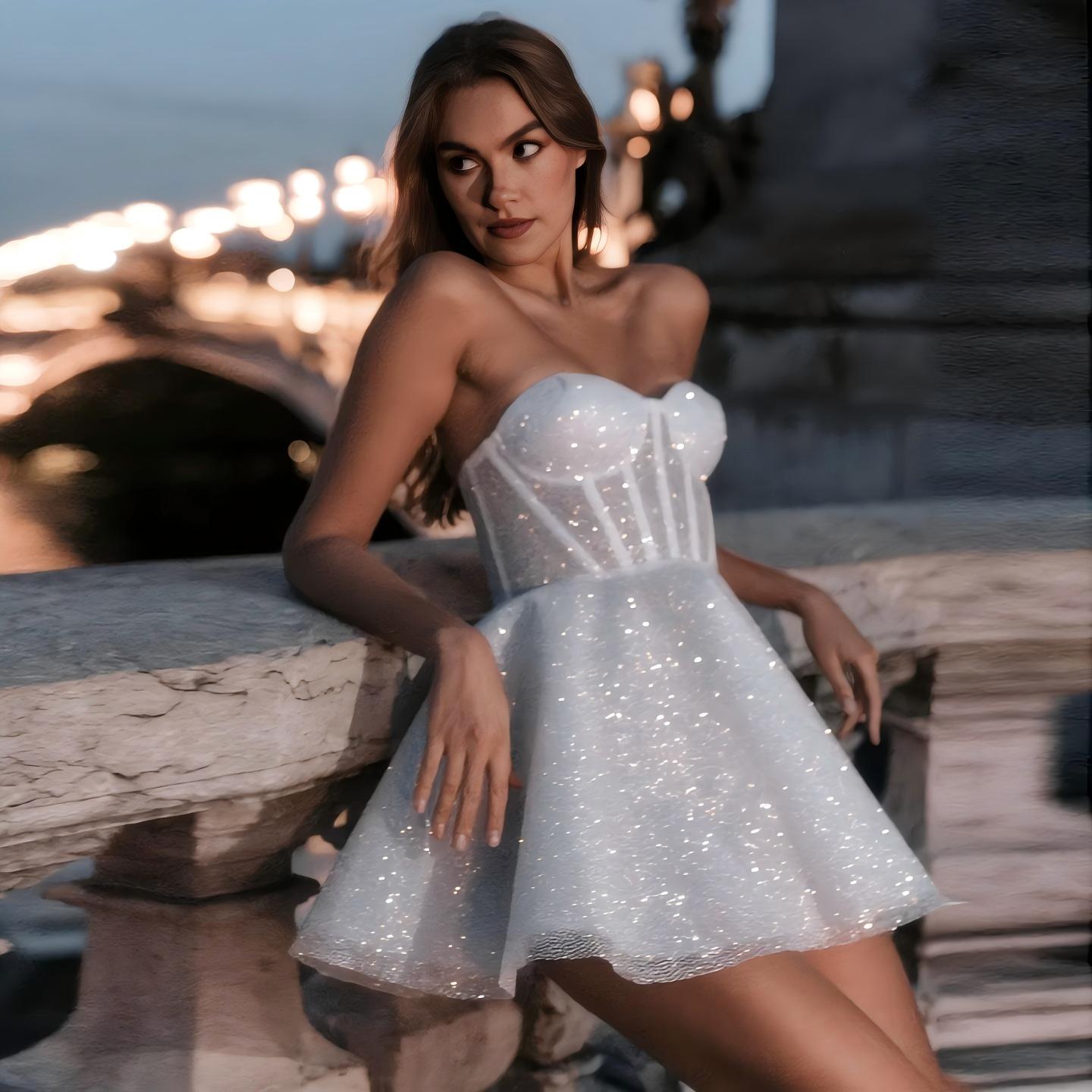 Sparkly Strapless A-Line Wedding Dress with Bow Details SW112