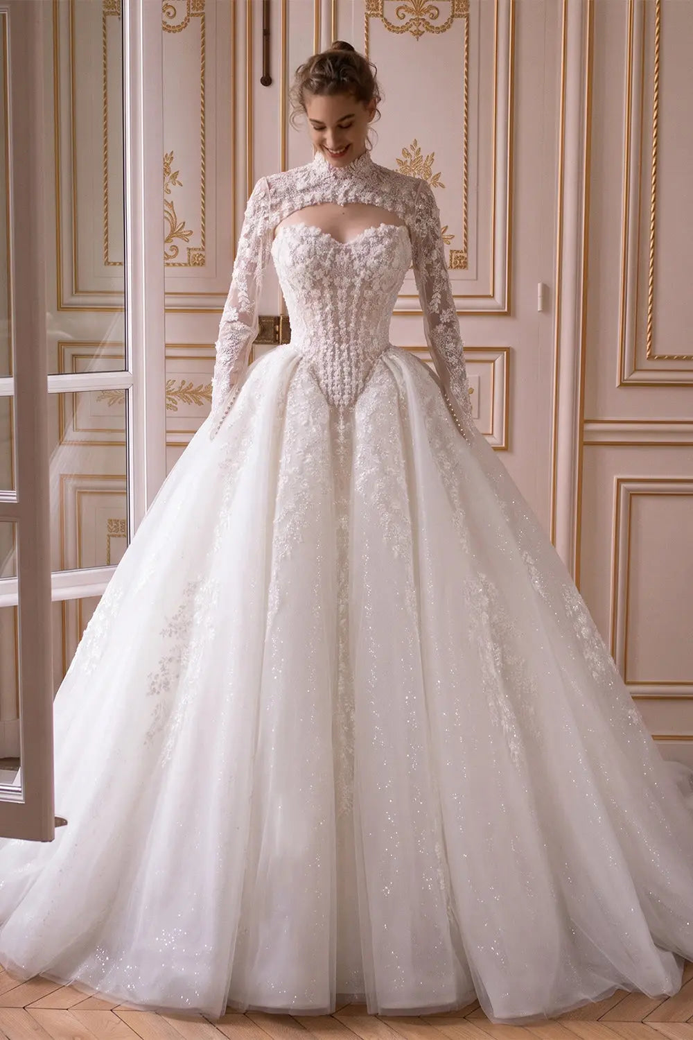 Off White Long Sleeve Lace Ball Gown Wedding Dress SW695 Sheer Fairy