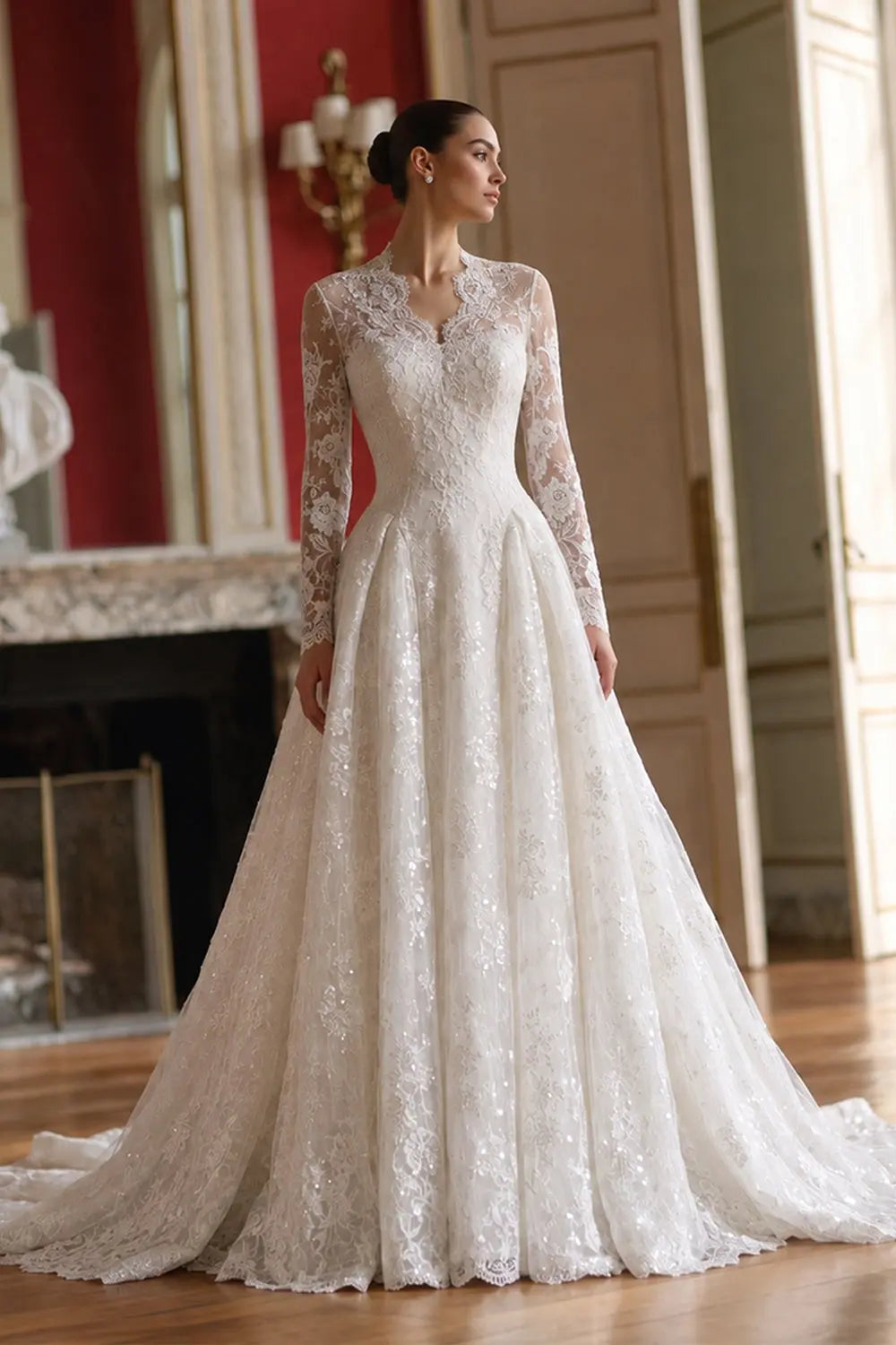 Off White Floral Long Sleeve Ball Gown Wedding Dress SW672 Sheer Fairy