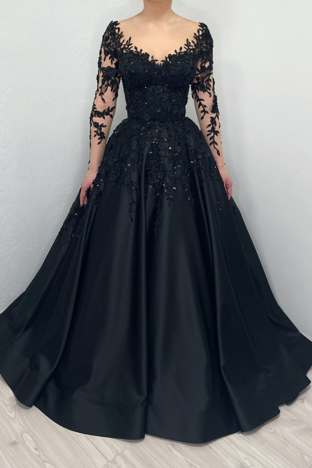 Black Satin Ballgown Wedding Dress with Illusion Lace V-Neck SW559 Sheer Fairy