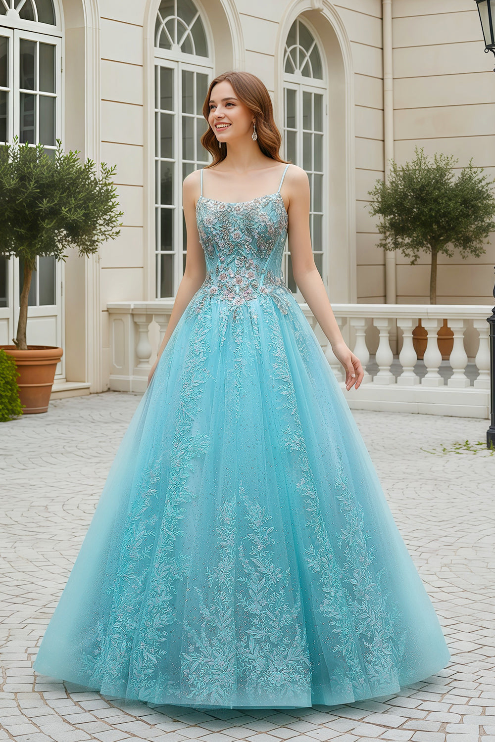 Mint Green Beaded Floral Tulle Ballgown Prom Dress SH385 Sheer Fairy