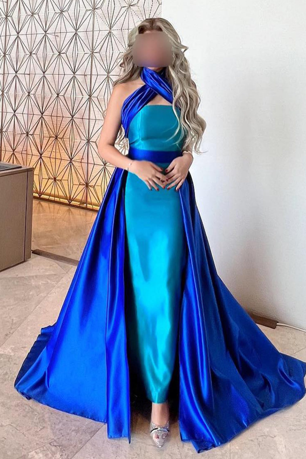 Royal Blue Criss Cross Halter Evening Dress with Overskirt SF012 Sheer Fairy