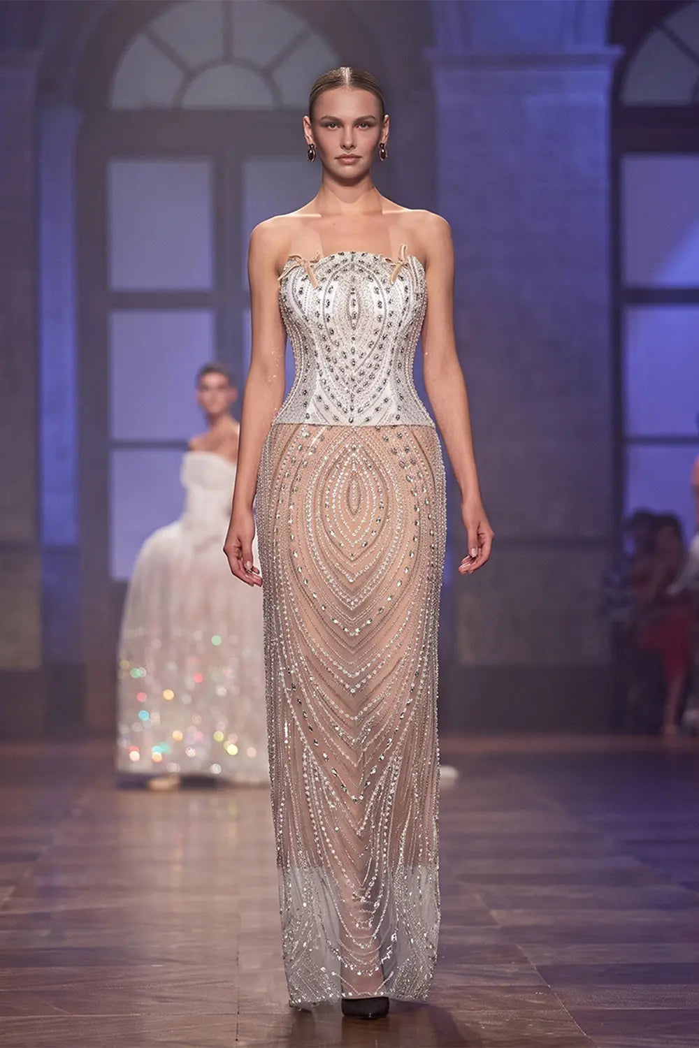 White Nude Beaded Corset Strapless Evening Dress ST111 Sheer Fairy