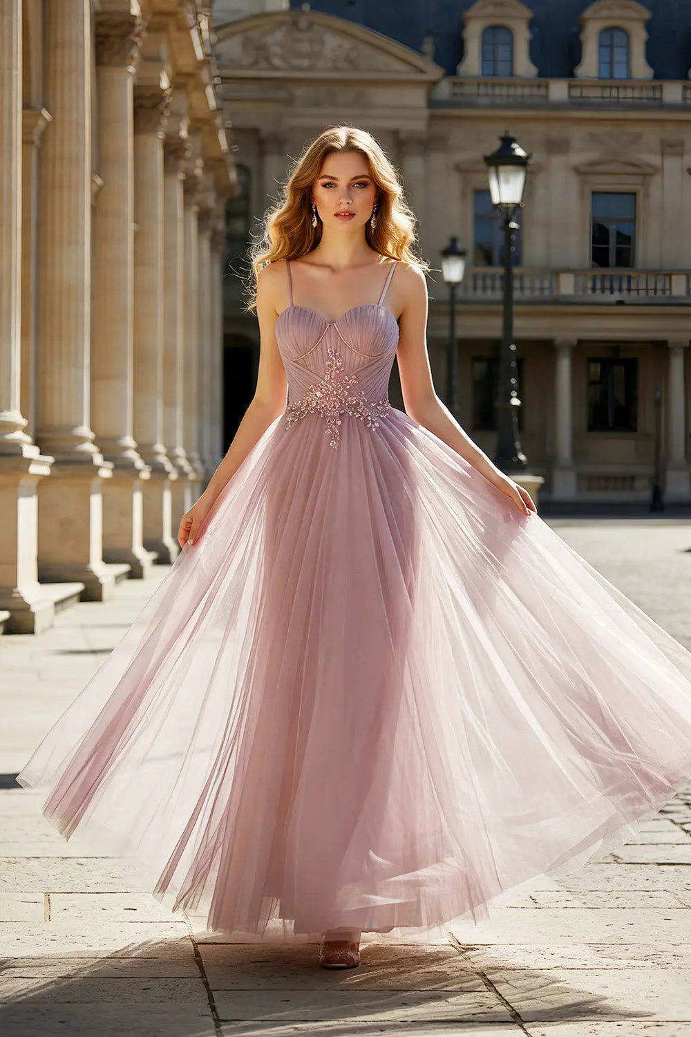 Rose Sweetheart Tulle Beaded A-line Pink Prom Dress SH481 Sheer Fairy
