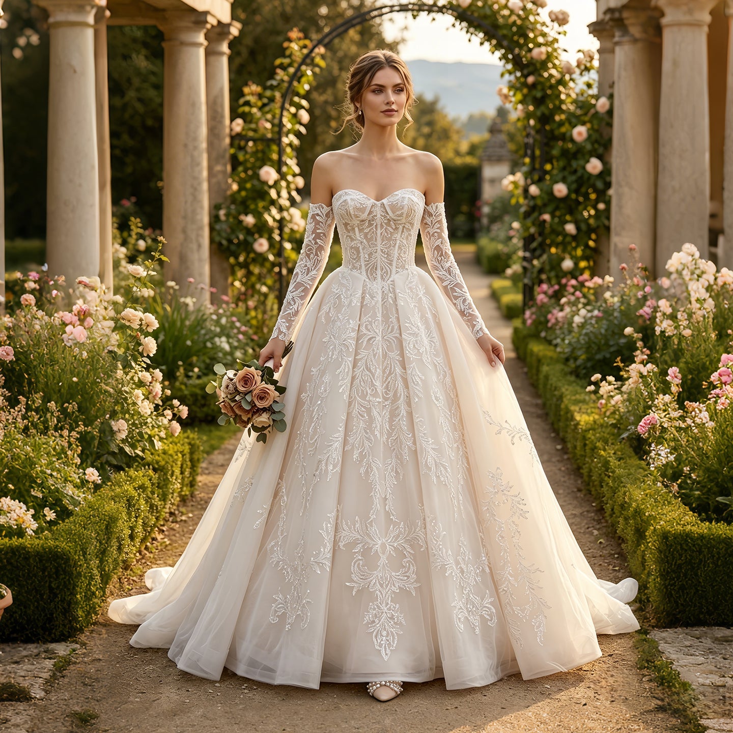 Sweetheart Neck Lace Corset Ball Gown Wedding Dress with Detachable Long Sleeves SW703 Sheer Fairy
