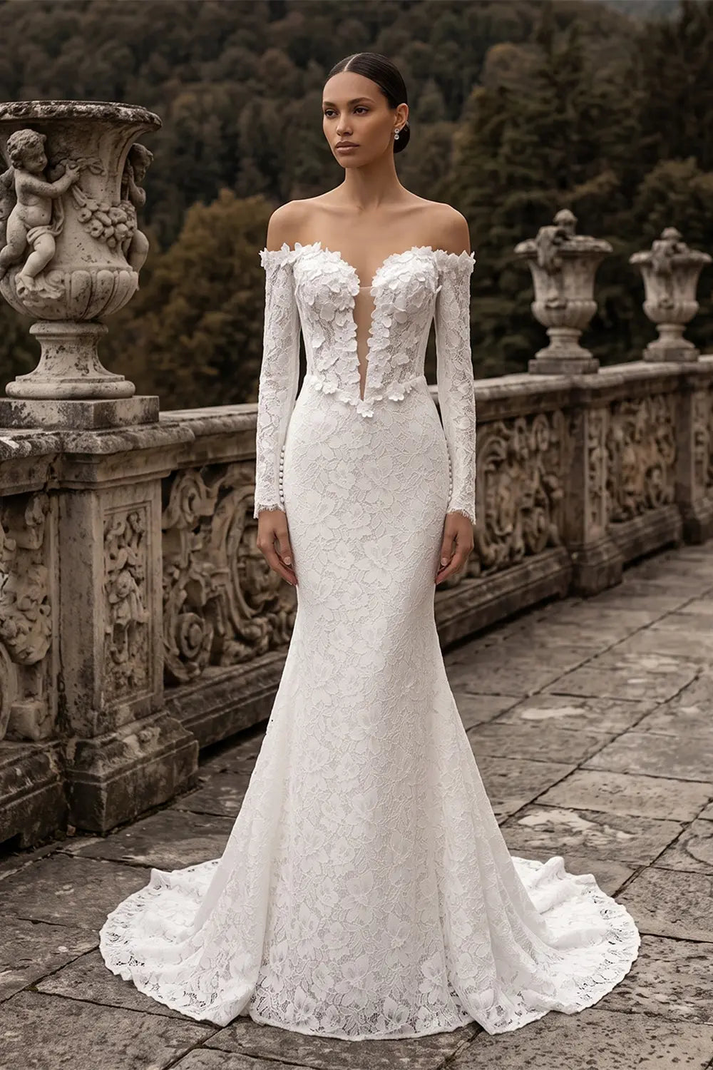 Ivory Floral Lace Long Sleeve Wedding Dress SW689 Sheer Fairy