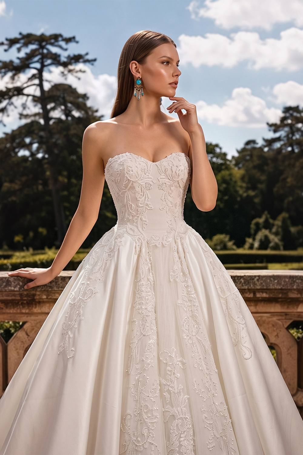 White Satin Sweetheart Princess Wedding Dress Lace Details with Long Cathedral Train SW743 Sheer Fairy