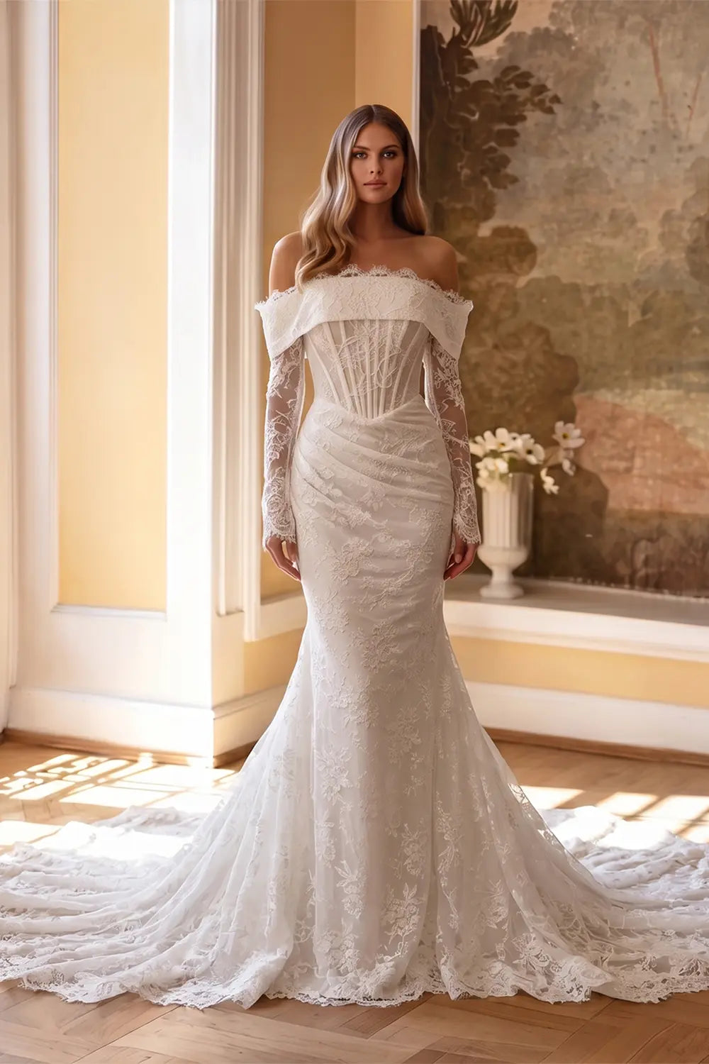 White Off the Shoulder Long Sleeve Lace Bridal Dress with Train SW674 Sheer Fairy