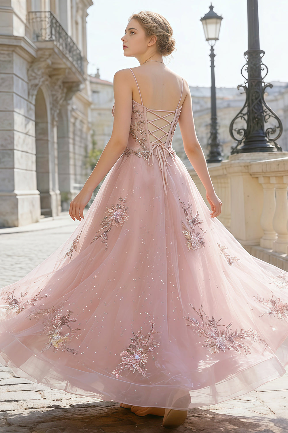 Modest Pink Glitter Tulle Square Neck A-Line Prom Dress SH382 Sheer Fairy