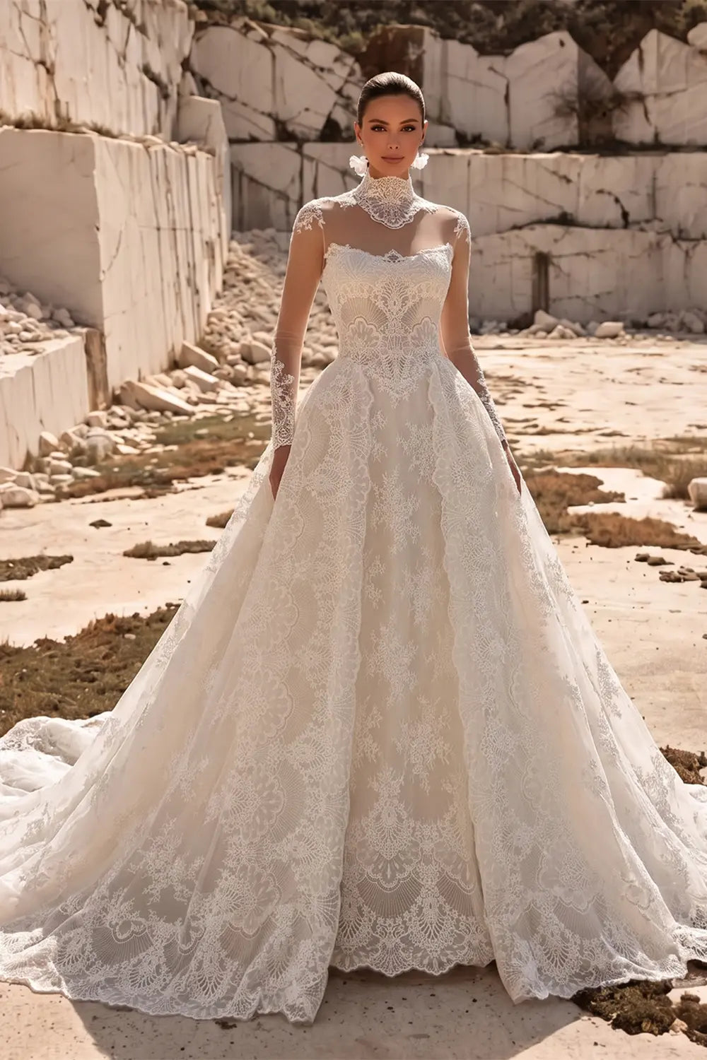White High Neck Long Sleeve Wedding Dress SW687 Sheer Fairy
