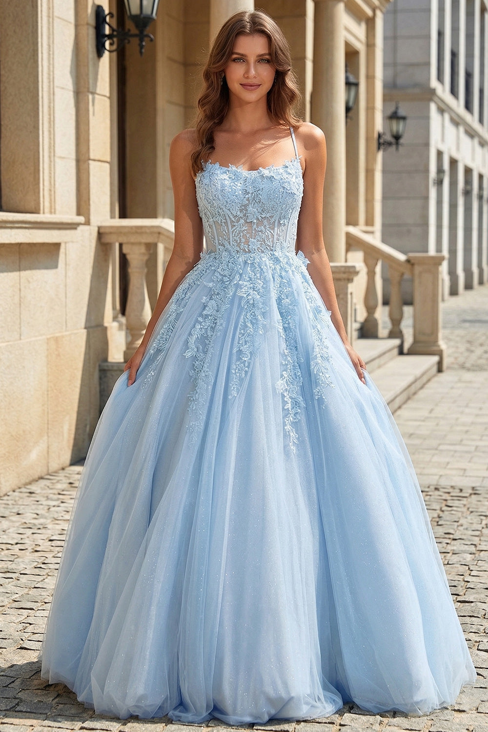 A Line Light Blue Tulle Prom Dress with Spaghetti Strap SH731 Sheer Fairy