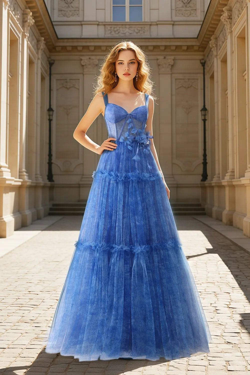 Dramatic Blue Tulle Sweetheart Ball Gown Prom Dress with 3D Floral Lace SH476 Sheer Fairy