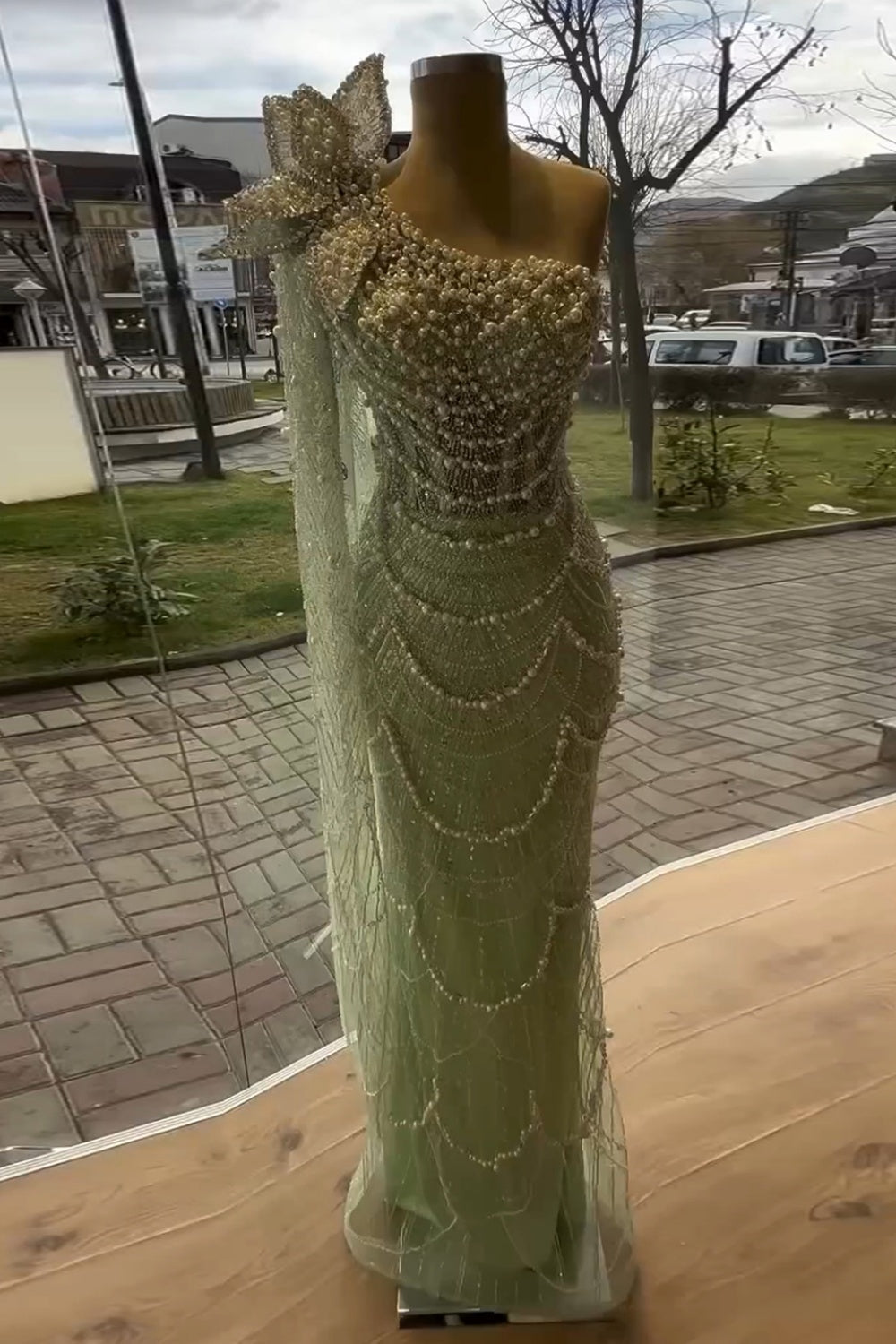 Luxury Pearls 3D Flower Green One Shoulder Evening Dress SS688 Sheer Fairy