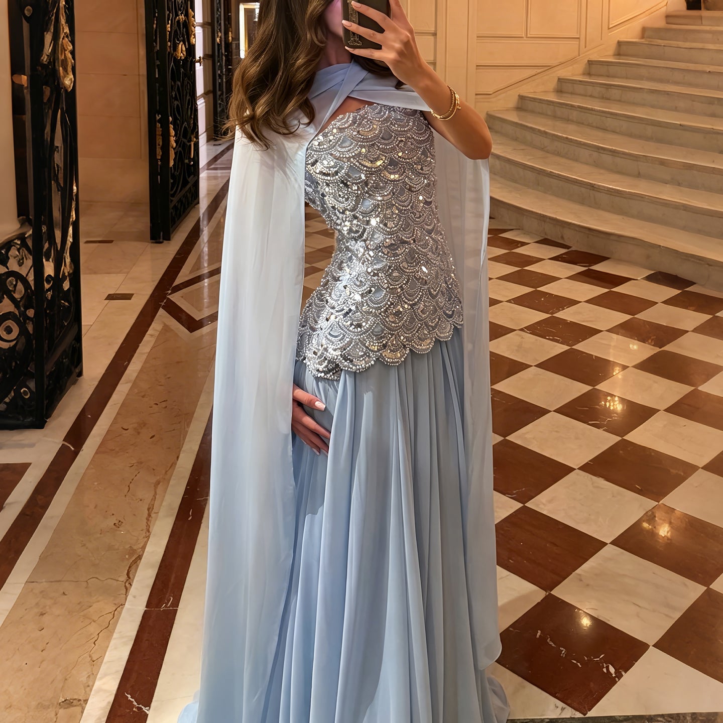 Sky Blue Sequin Bodice Strapless Pleated Long Evening Dress SS651 Sheer Fairy