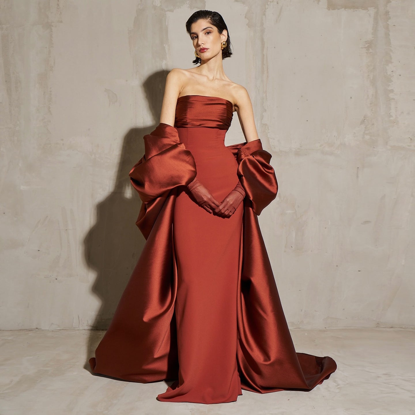 Modest Rust Red Strapless Satin Mermaid Evening Dress SF490