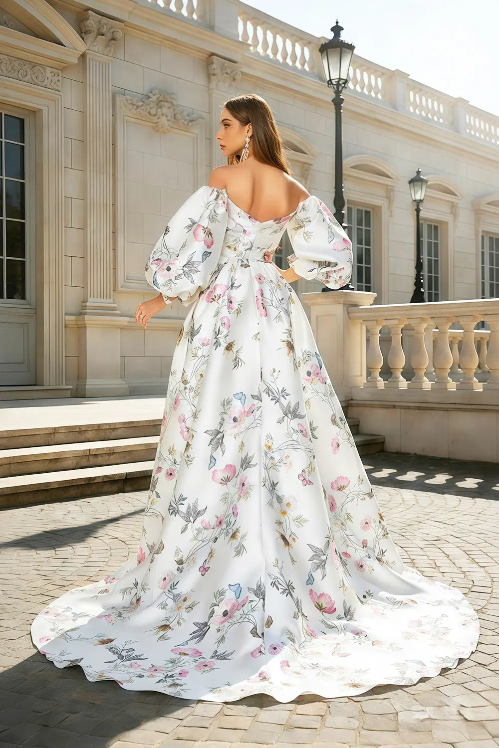 White Floral Print Puff Sleeve Satin Ball Gown Prom Dress SH469 Sheer Fairy