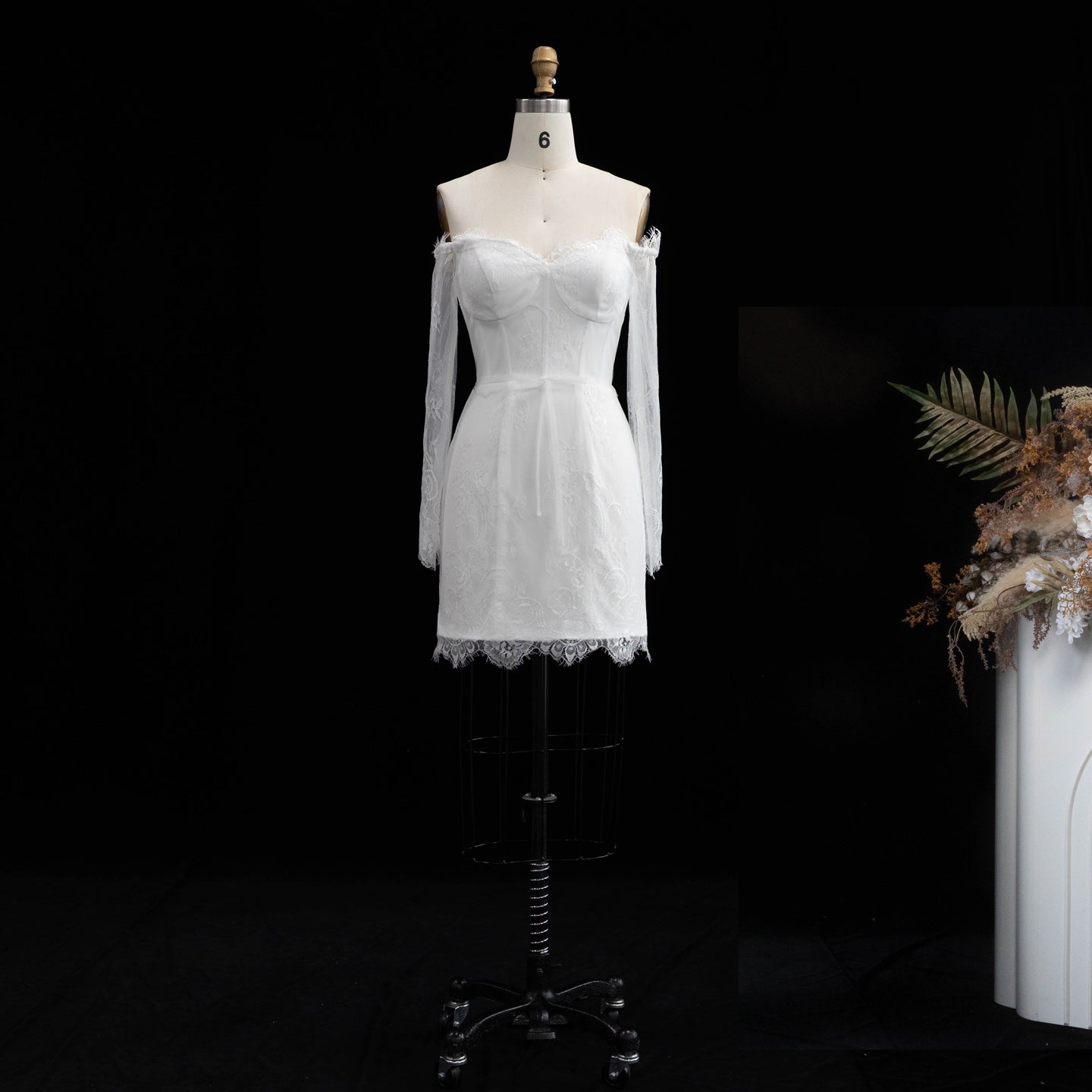 White Lace Long Sleeve Off-the-Shoulder Mini Wedding Dress SW170 Sheer Fairy