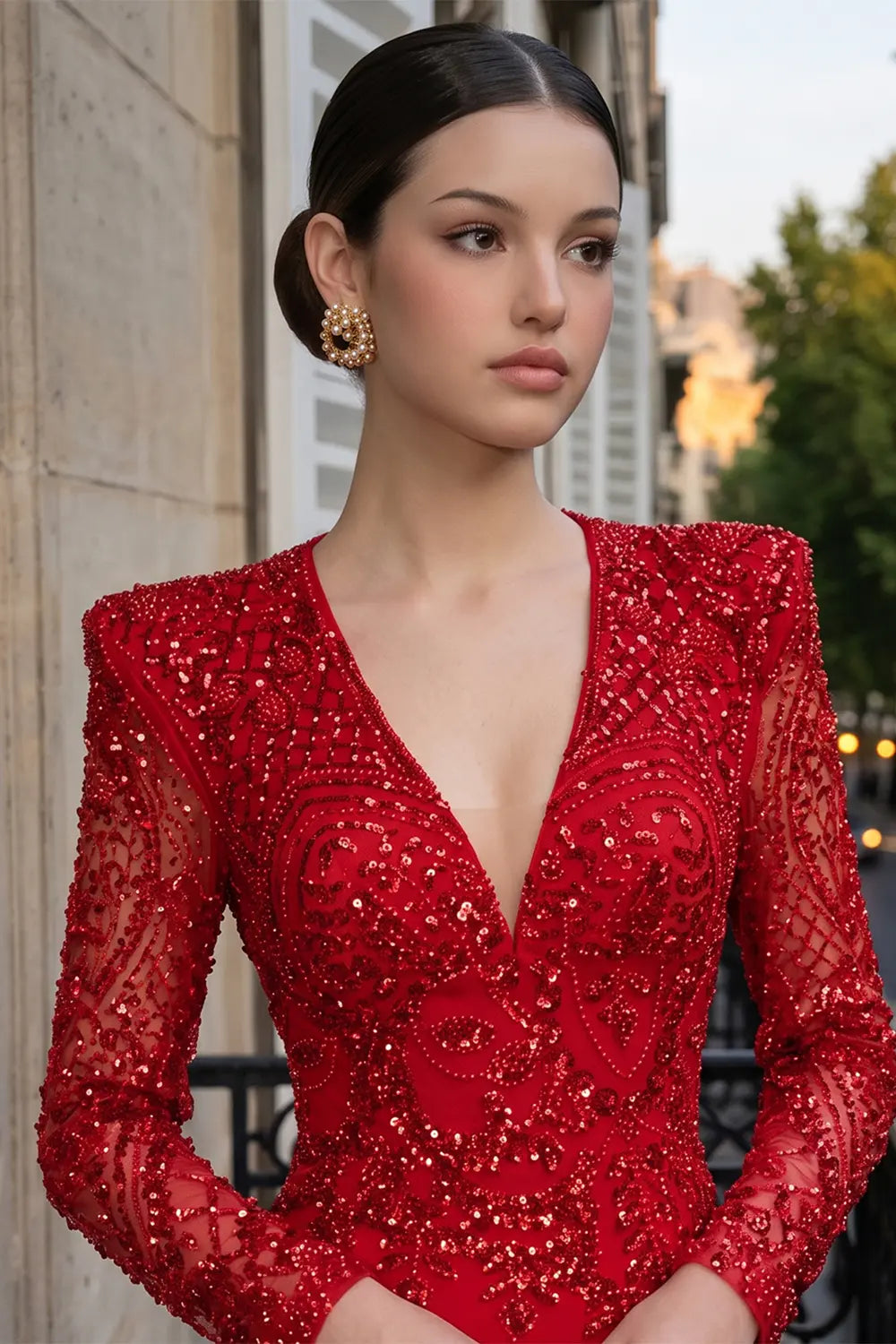 Red Beaded Sequin Asymmetrical Ruffle Midi Dress ST044 Sheer Fairy