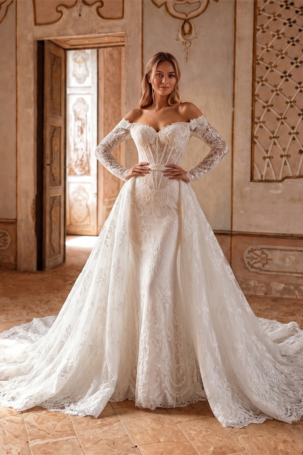 Romantic White Lace Mermaid Bridal Gown Off the Shoulder with Detachable Overskirt SW678 Sheer Fairy