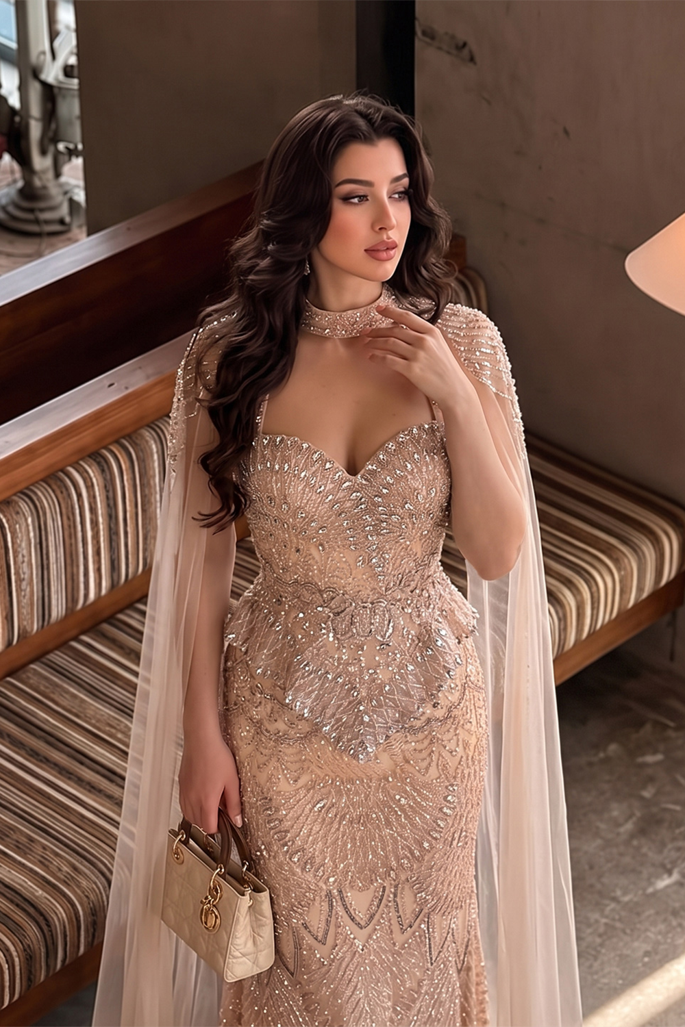Champagne Beaded Sheer Corset Evening Gown with Draped Cape & Pleated Skirt SS018 Sheer Fairy