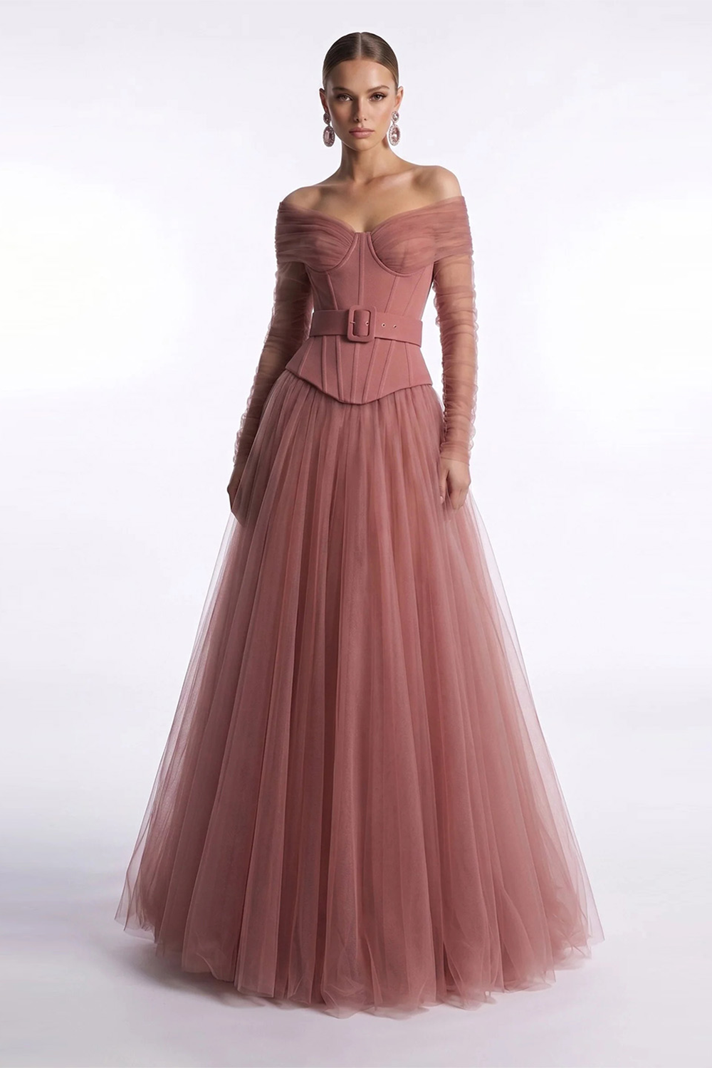 Elegant Dusty Rose Off the Shoulder Long Sleeve Corset Evening Dress Tulle A Line Prom Gown With Belt SF461 Sheer Fairy