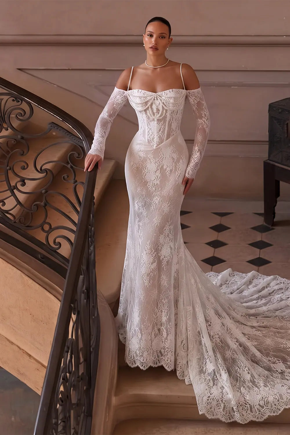 White Beaded Lace Mermaid Wedding Dress SW756 Sheer Fairy