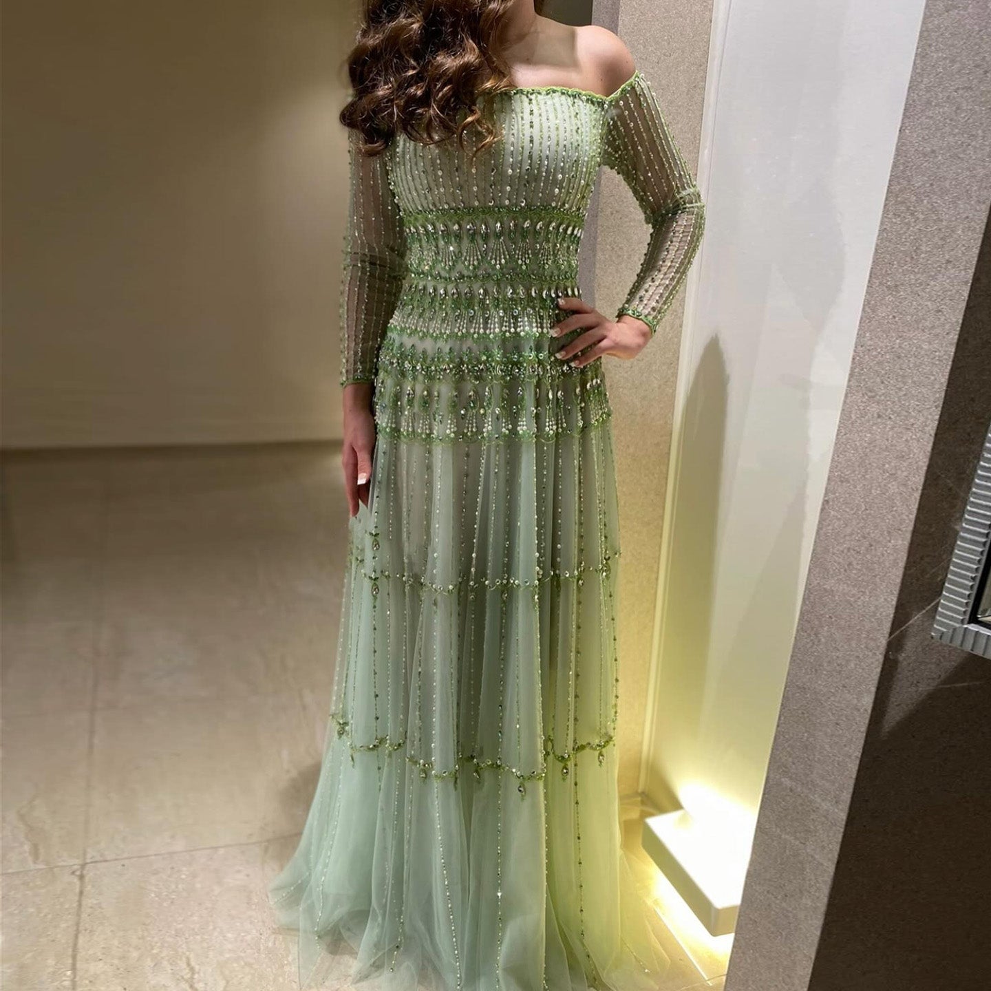 Green Off-Shoulder Long Sleeve Beaded A-Line Evening Dress SS588 Sheer Fairy