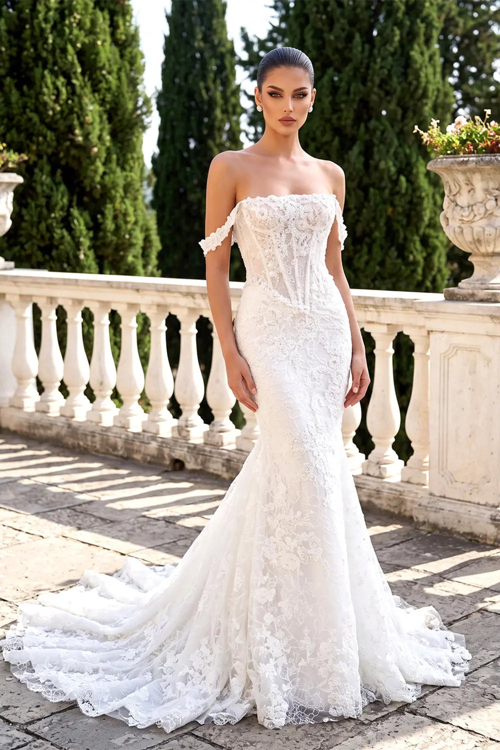 White Detachable Overskirt Mermaid Wedding Dress SW758 Sheer Fairy