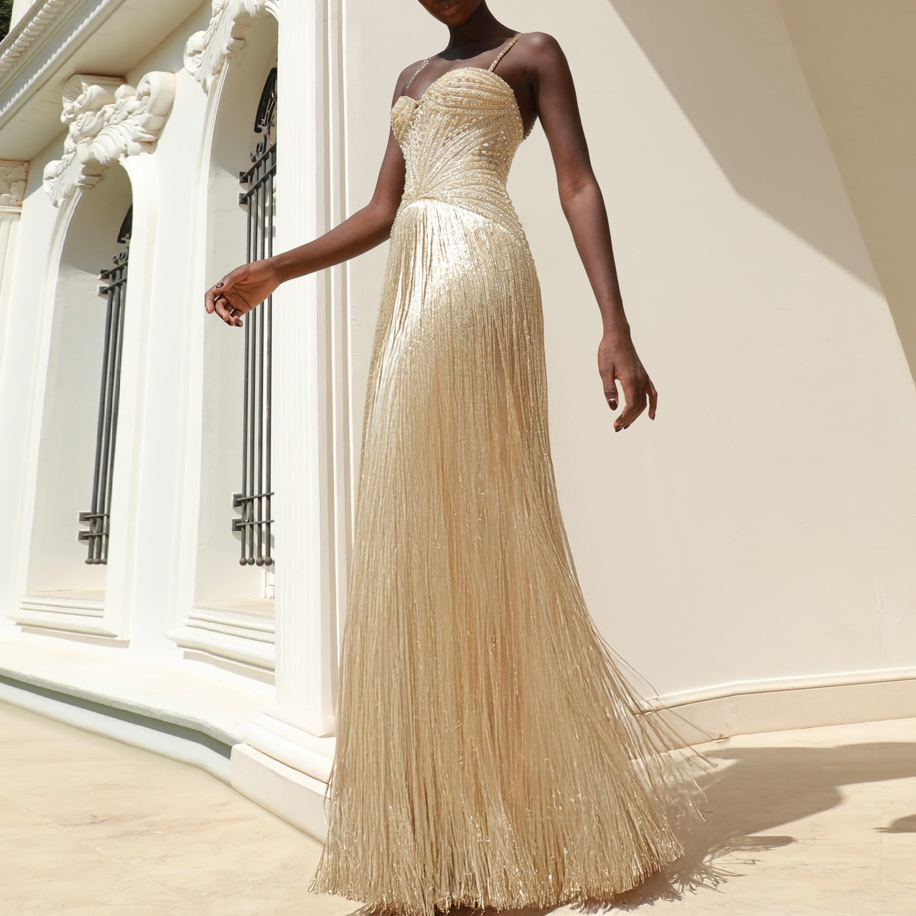 Glamorous Yellow Fringe A Line Evening Gown with Beaded Sweetheart Neckline SS522 Sheer Fairy