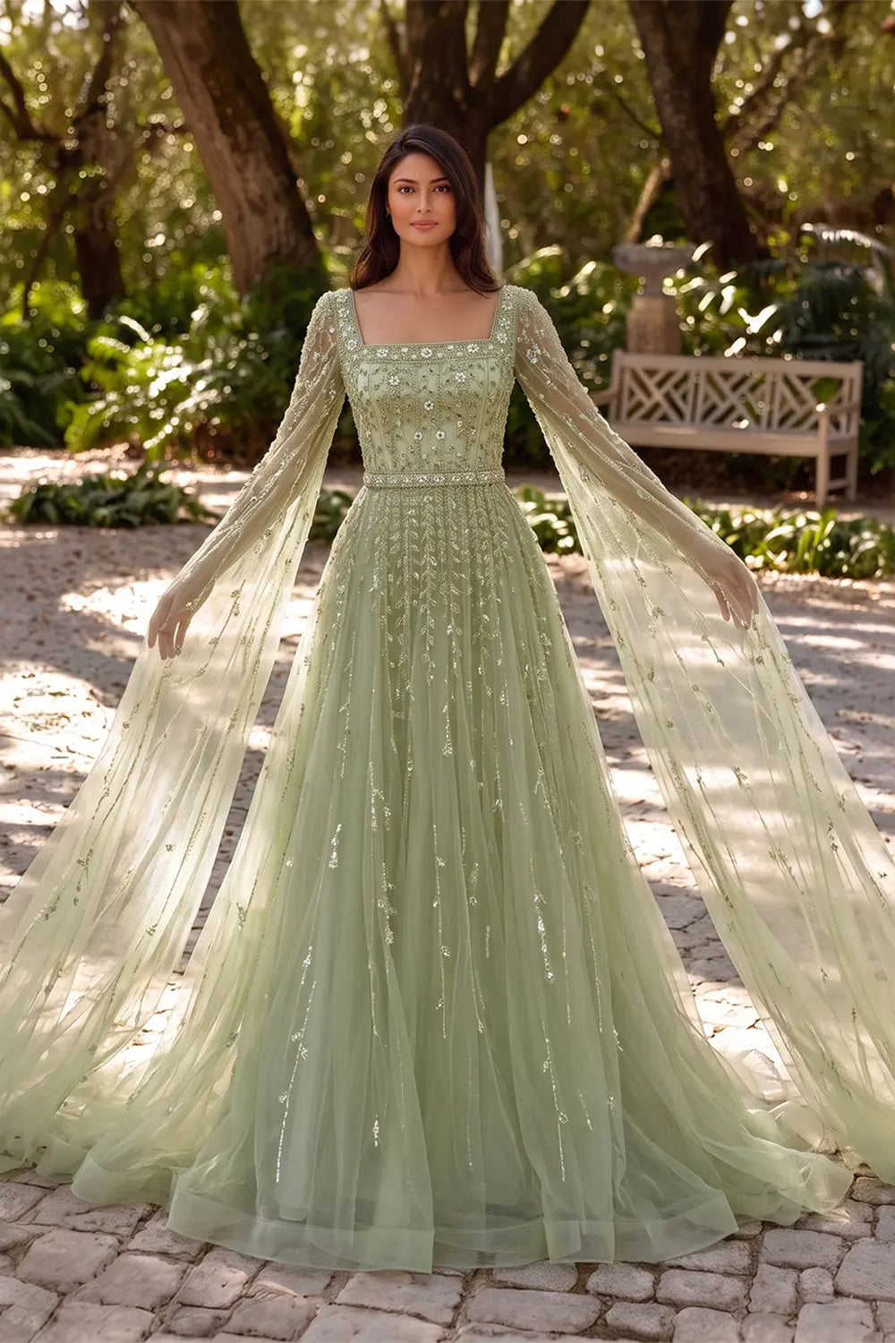 Luxury Caramel Beaded Cape Sleeve A-Line Evening Gown with Square Neck SS494 Sheer Fairy