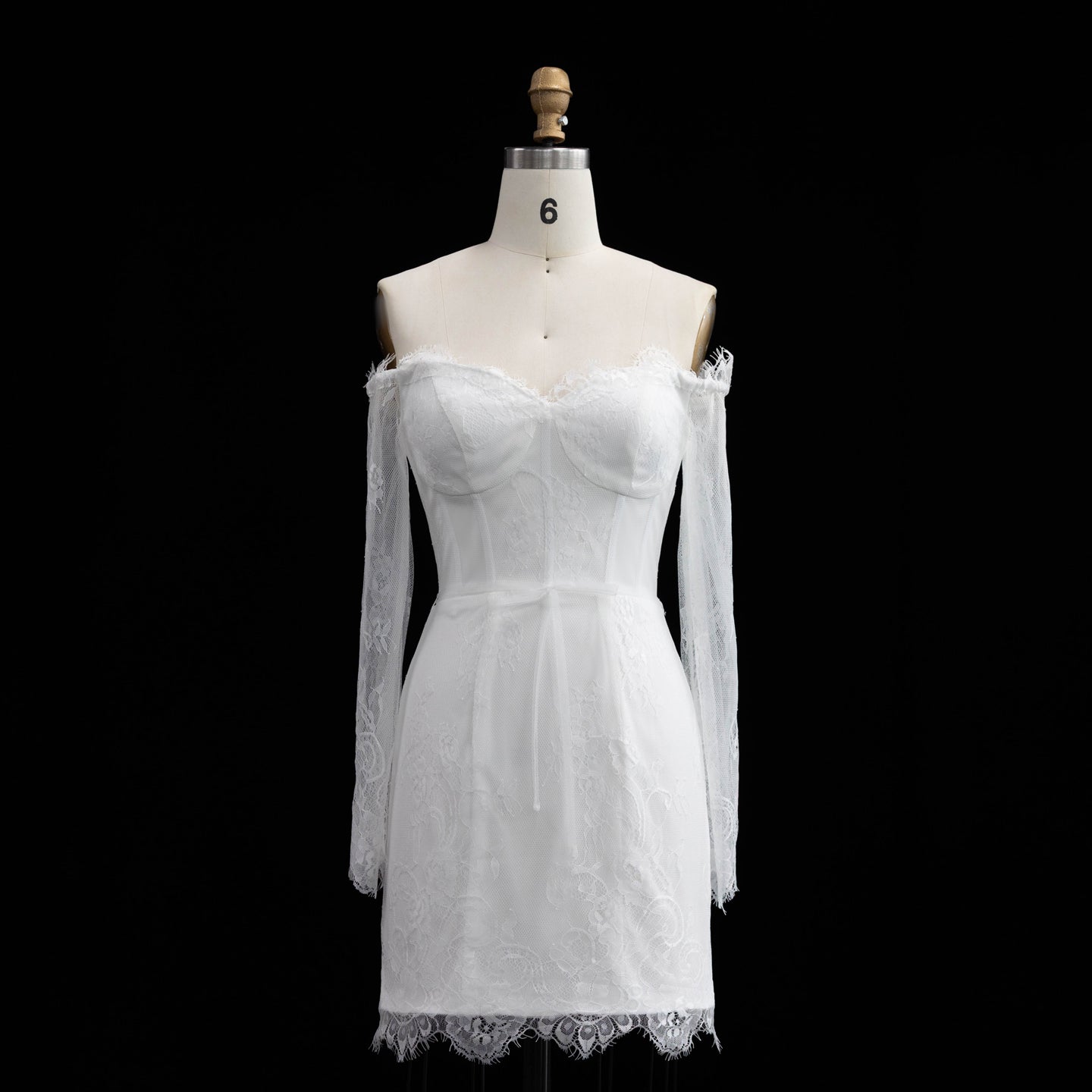 White Lace Long Sleeve Off-the-Shoulder Mini Wedding Dress SW170 Sheer Fairy