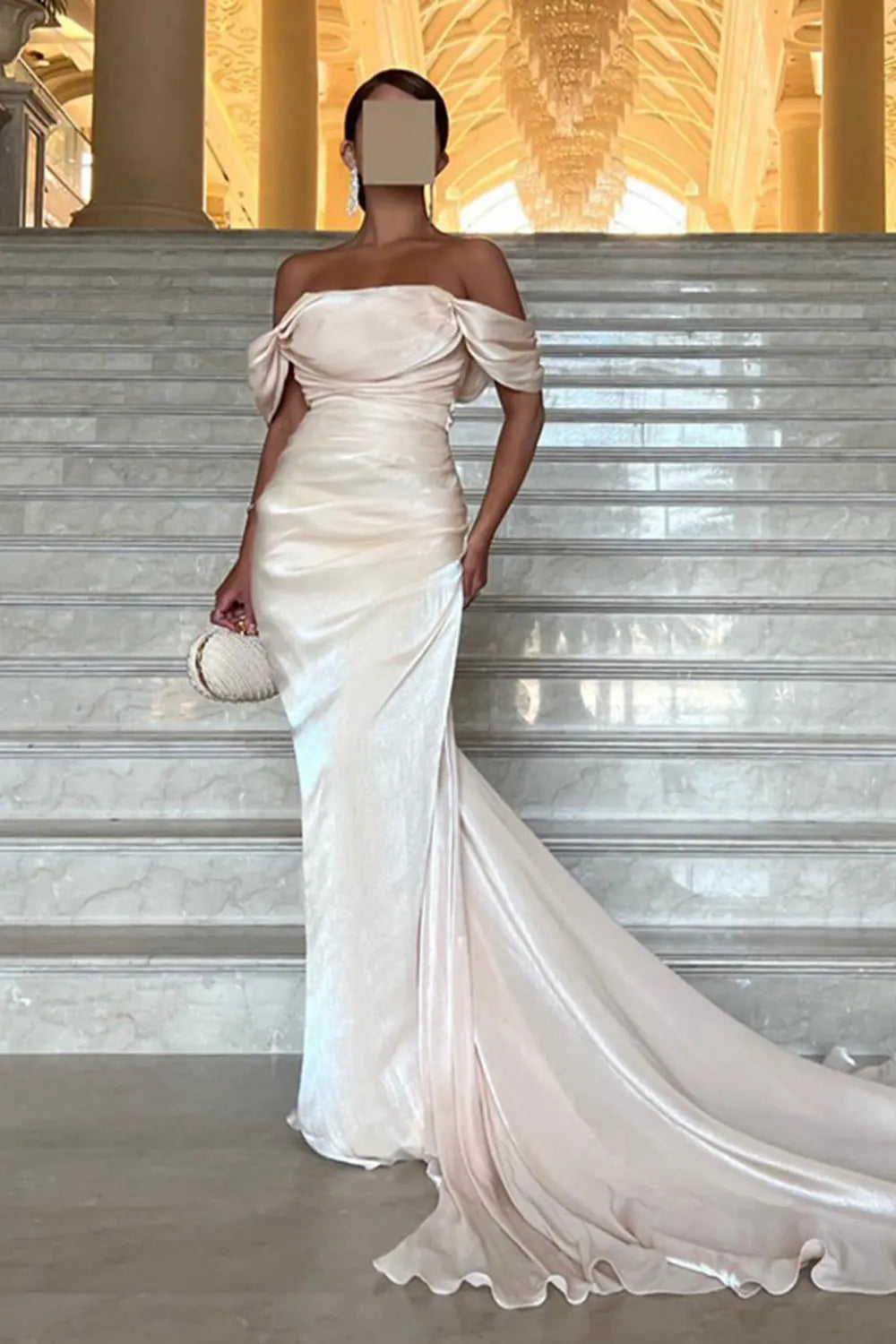 Elegant Off Shoulder Arabic Mermaid Beige Evening Dress SF001 Sheer Fairy