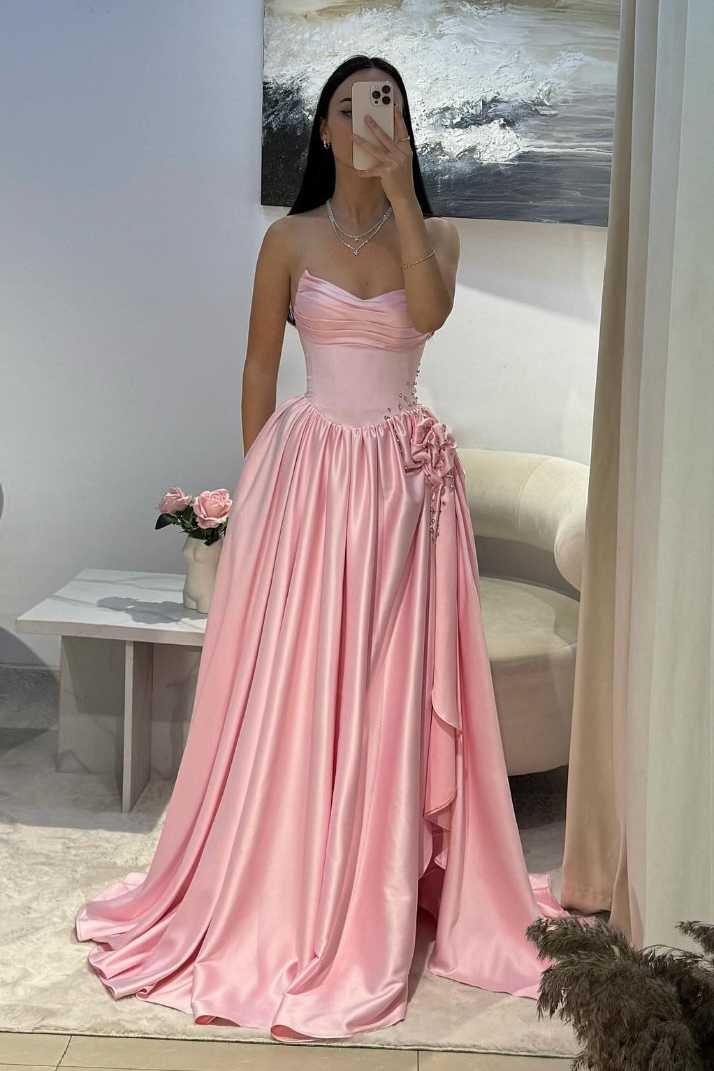 Blush Pink Satin Strapless Ballgown Prom Dress with Fabric Flower SH552 Sheer Fairy