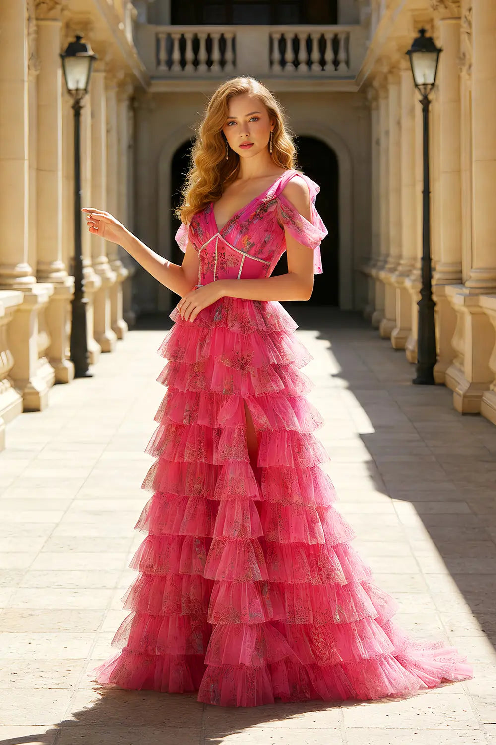 Hot Pink Tulle V-Neck A-Line Bridesmaid Dress with Tiered Ruffled Skirt SH421 Sheer Fairy