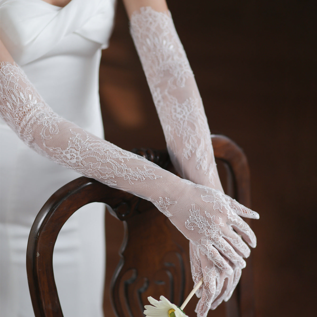 Chic Delicate Floral Pattern Lace Long Wedding Gloves White Bridal Arm Sleeves GL007 SHEER FAIRY