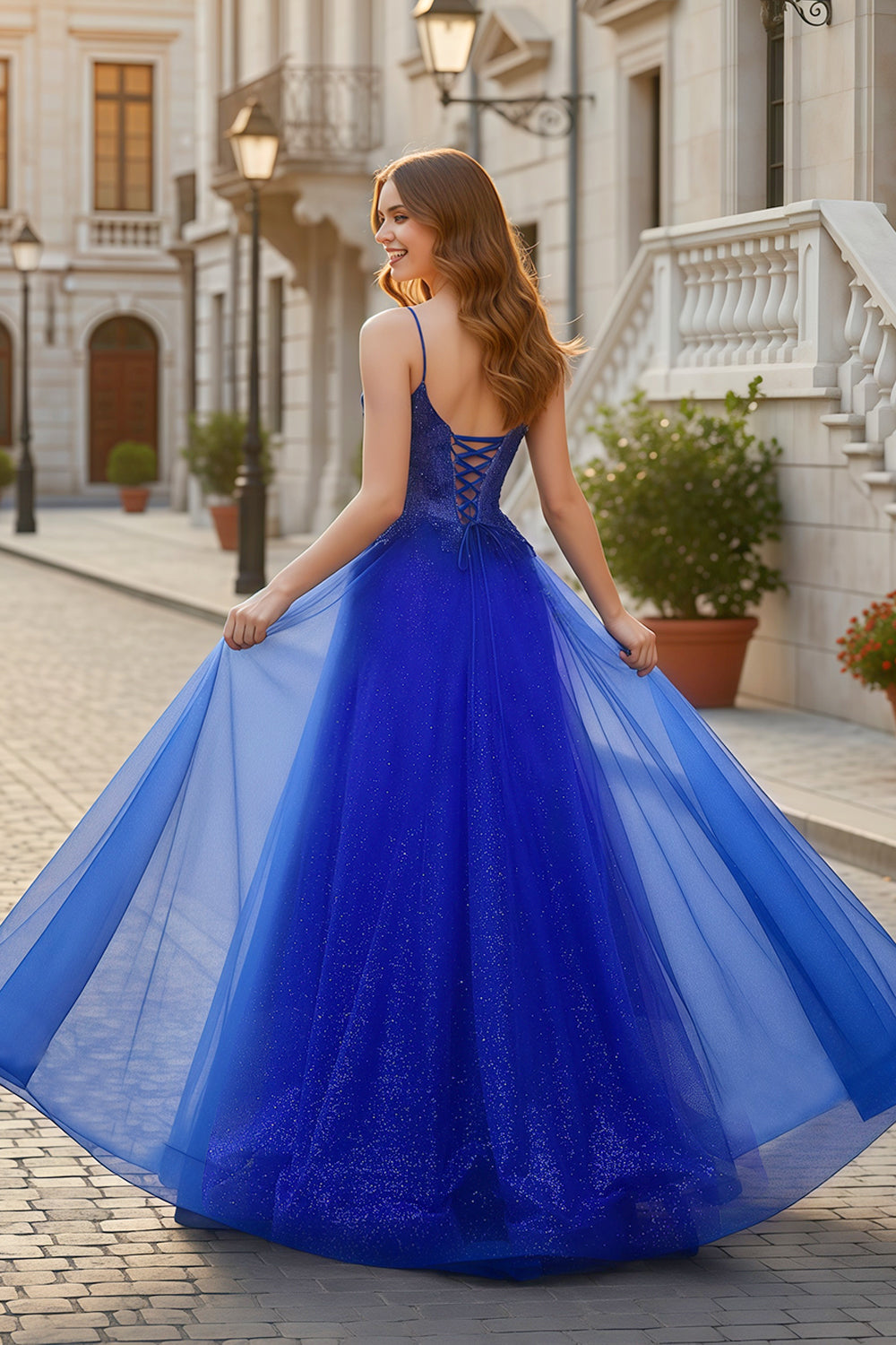 Royal Blue Glitter Tulle A-Line Corset Lace-Up Prom Dress SH386 Sheer Fairy