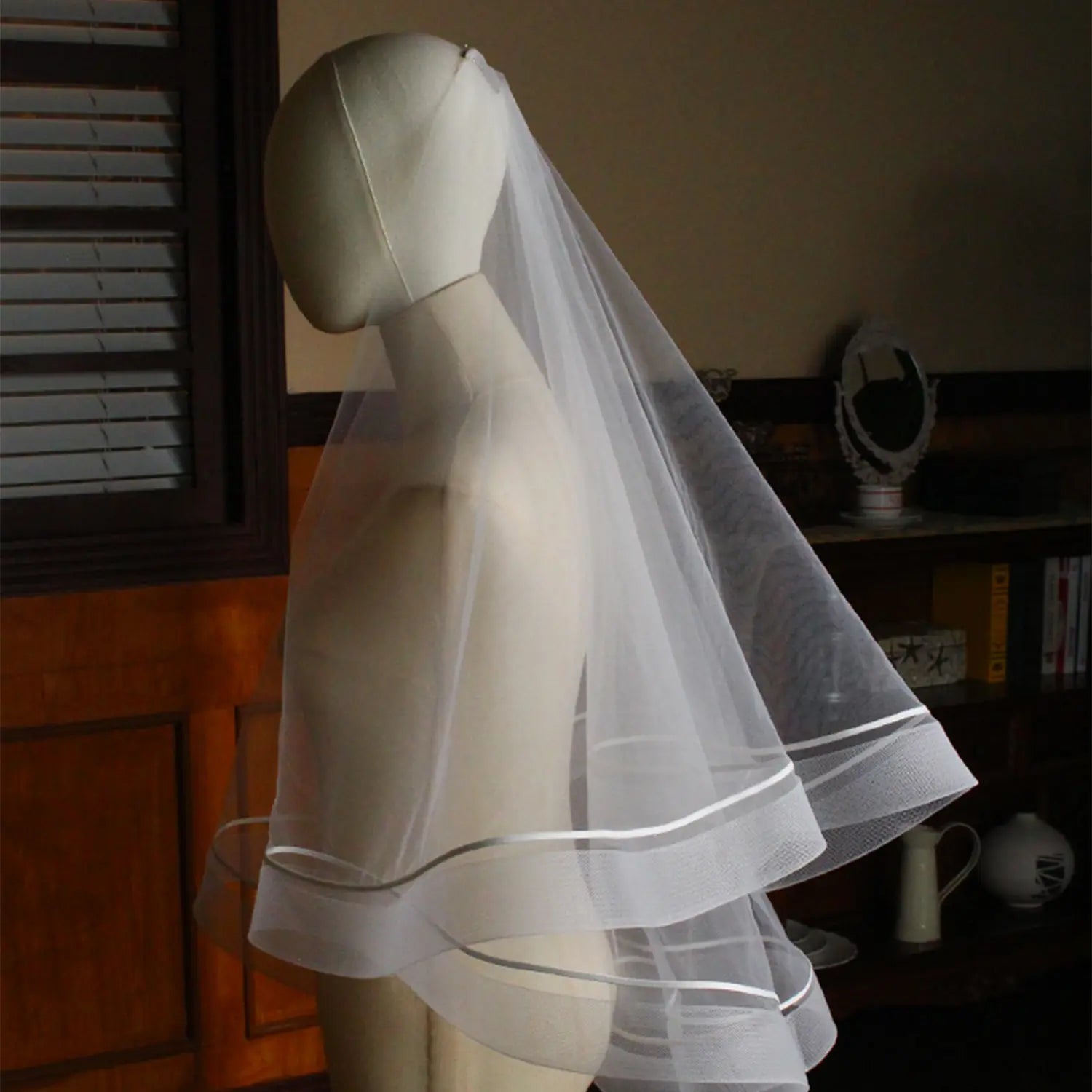 Chic White Wavy Ribbon Border Tiered Bridal Tulle Veil BV008 SHEER FAIRY