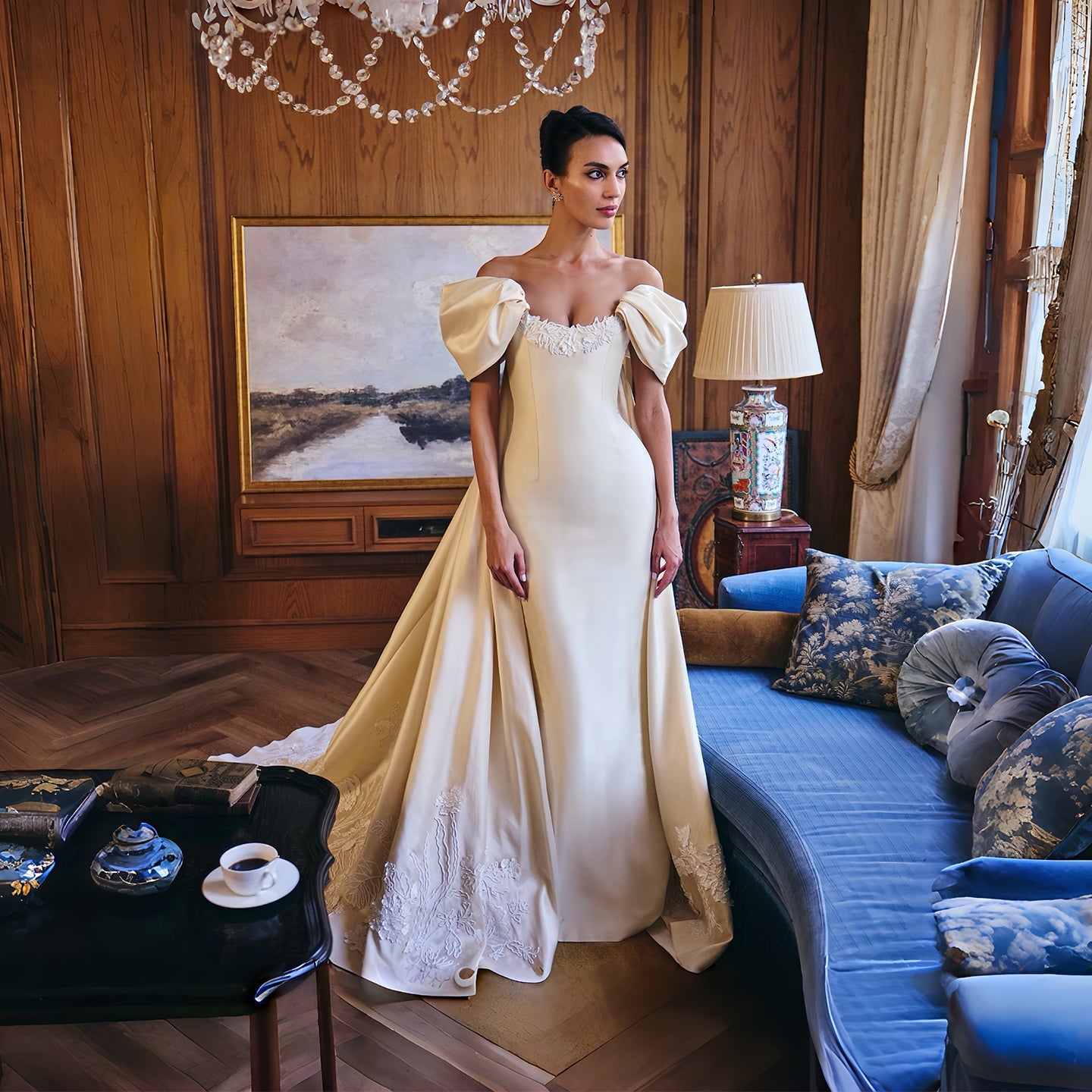 Off-the-Shoulder Satin Mermaid Wedding Dress with Detachable Overskirt SW230 Sheer Fairy