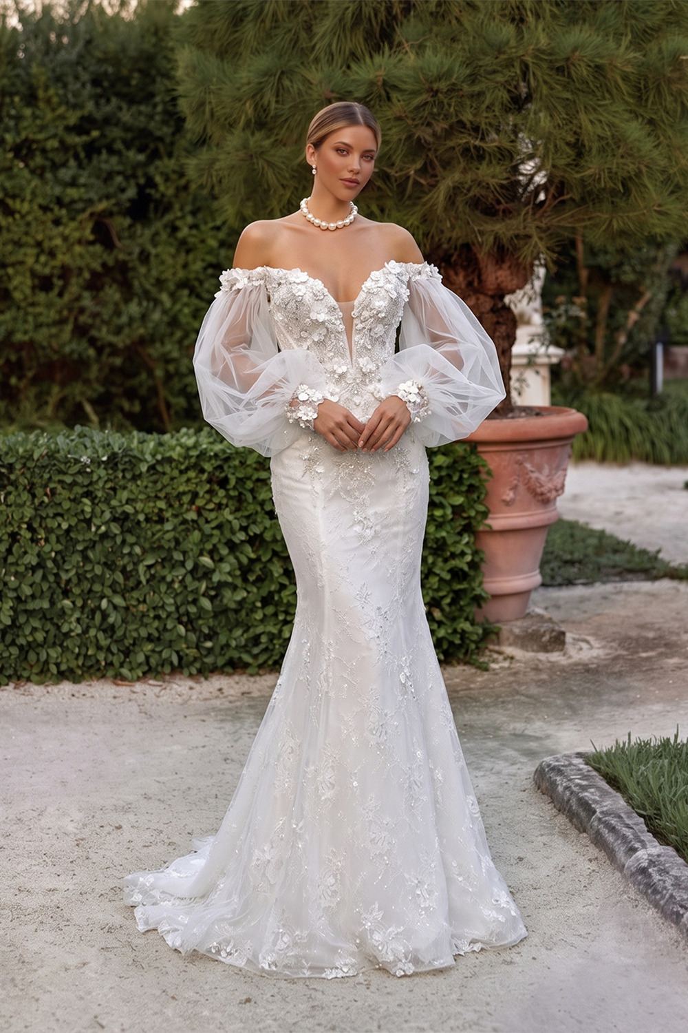 White Sweetheart Tulle Puff Sleeve 3D Flower Long Mermaid Wedding Gown SW630 Sheer Fairy
