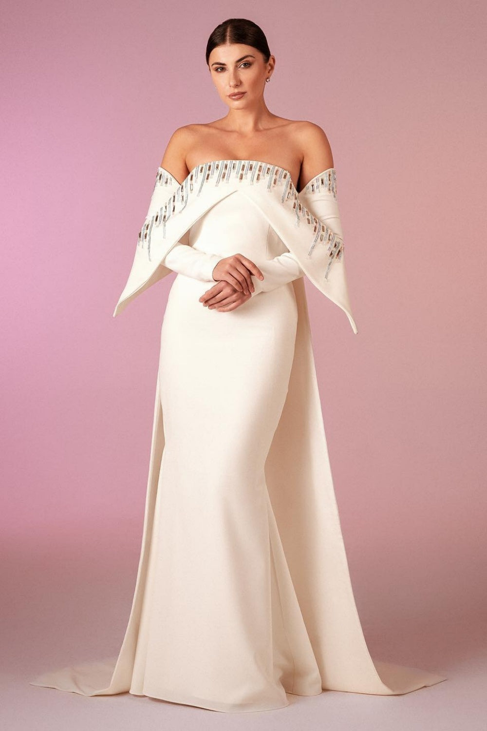 Elegant White Off Shoulder Long Sleeves Evening Dress with Cape SF008 Sheer Fairy