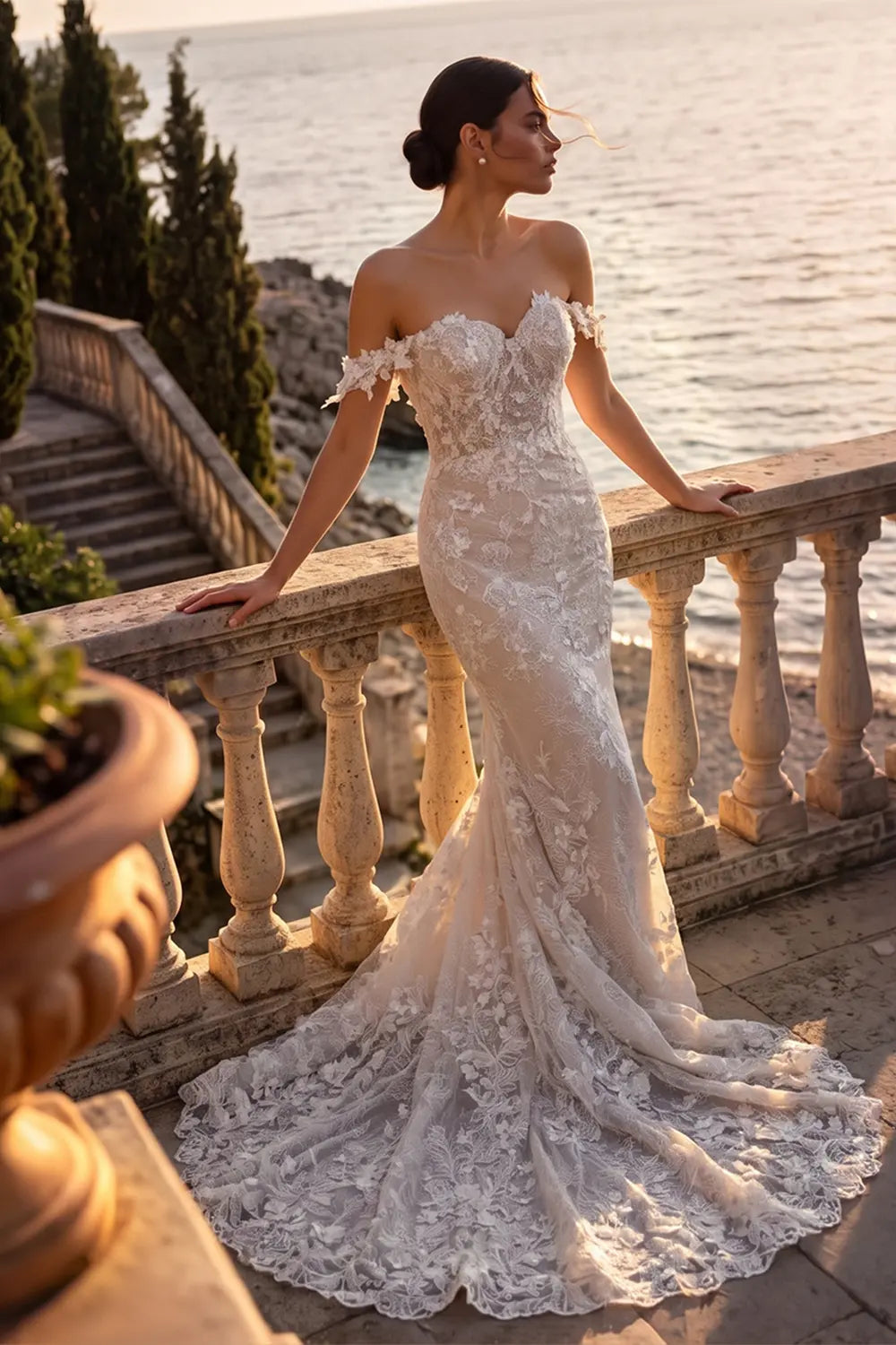 White Lace Mermaid Wedding Dress Off The Shoulder SW763 Sheer Fairy