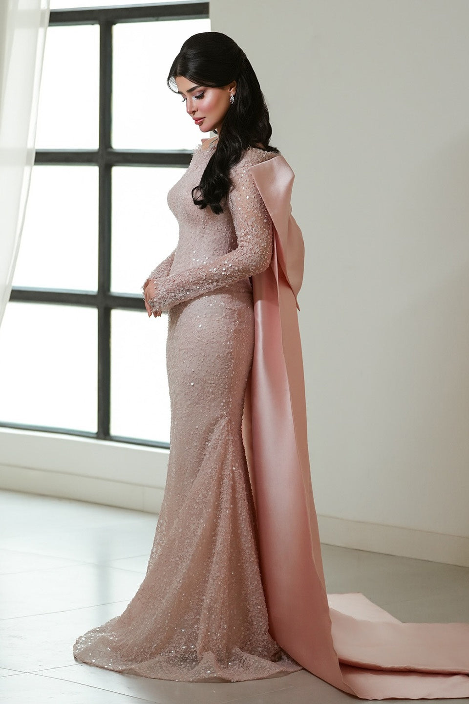 Blush Sequin High Neck Long Sleeve Mermaid Evening Dress SF428 Sheer Fairy