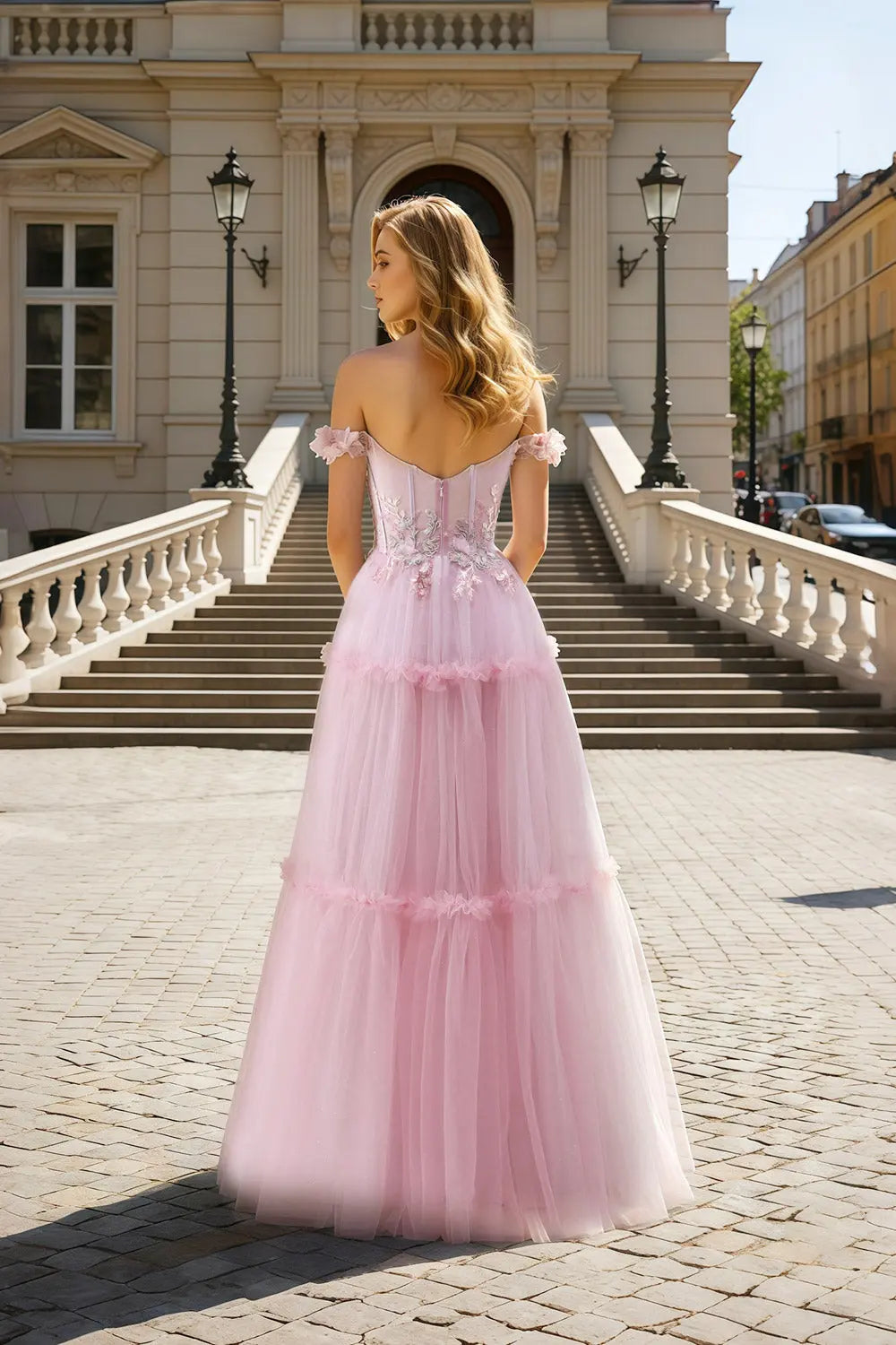 Blush Off-the-Shoulder Tulle Ball Gown Pink Prom Dress SH480 Sheer Fairy