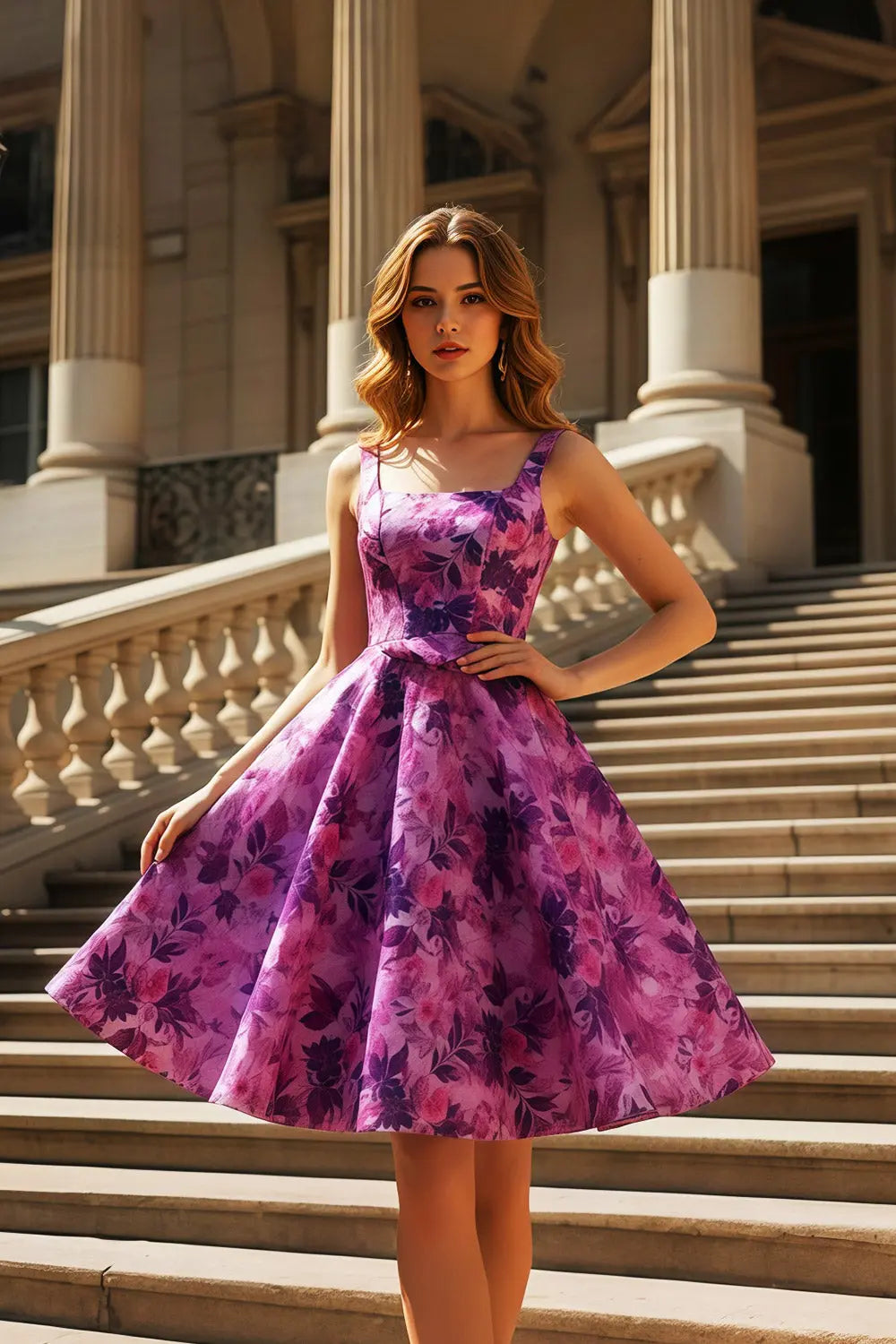 Purple Magenta Floral Satin Fit-and-Flare Homecoming Dress RM129 Sheer Fairy