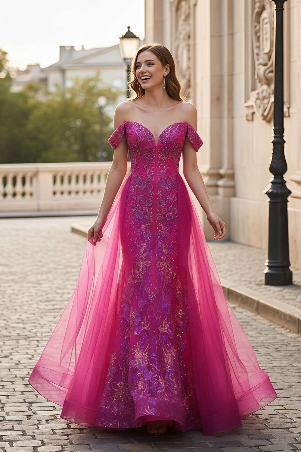 Fuchsia Beaded Strapless Sweetheart Mermaid Prom Dress SH129 Sheer Fairy