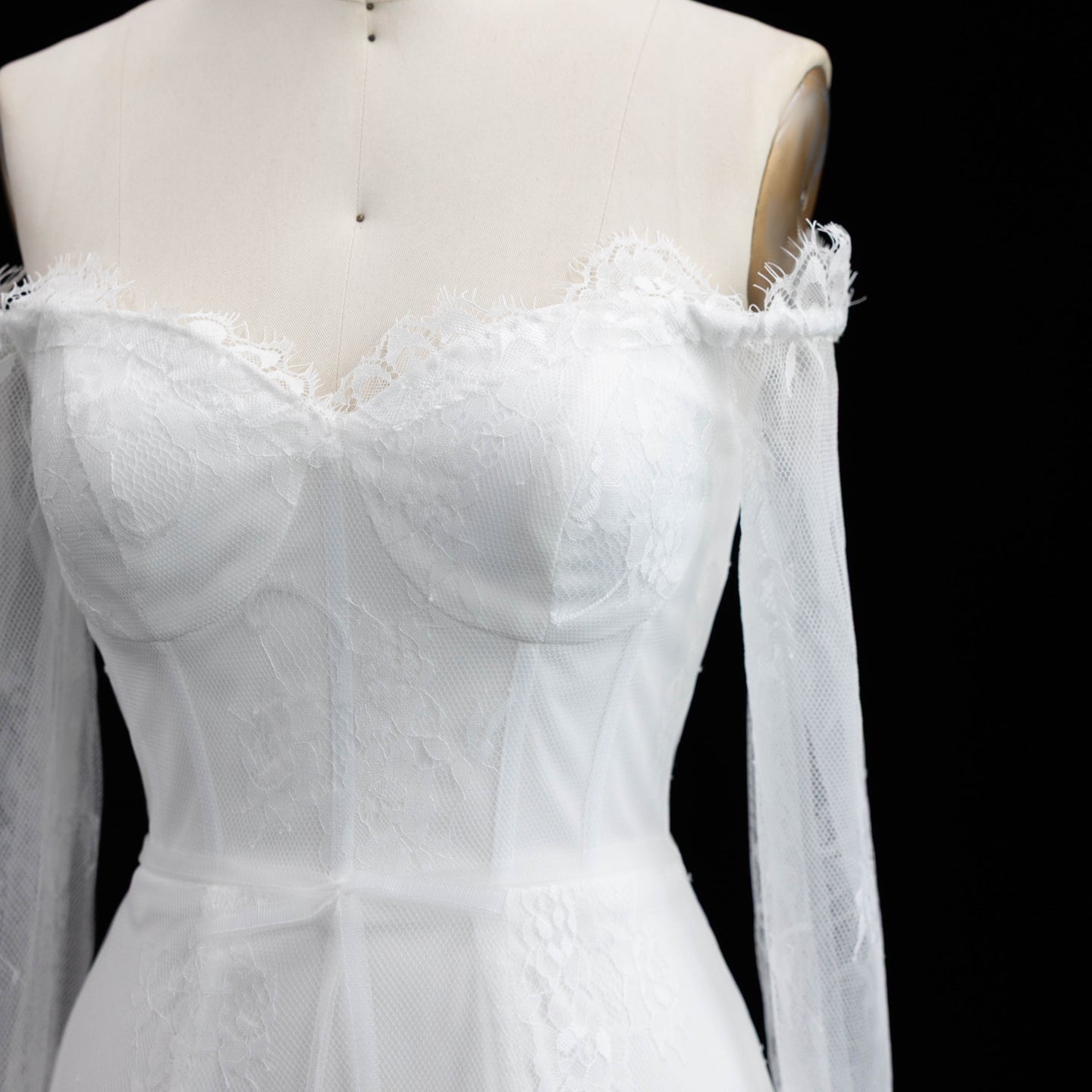 White Lace Long Sleeve Off-the-Shoulder Mini Wedding Dress SW170 Sheer Fairy