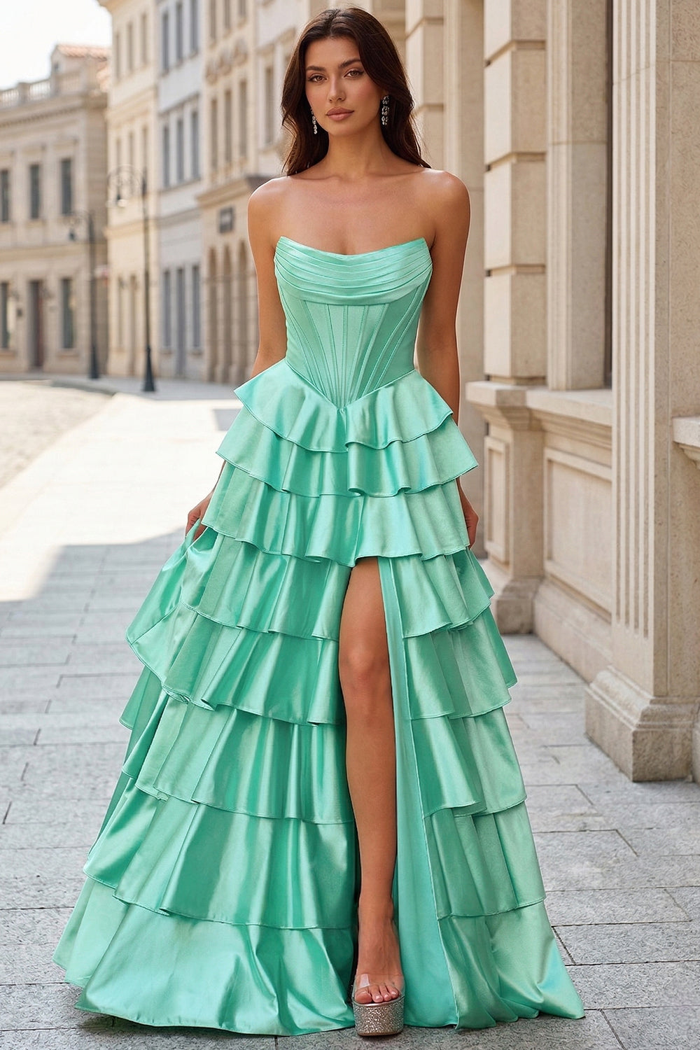 Elegant Strapless Mint Green Tiered Ruffle Prom Dress with High Slit SH747 Sheer Fairy
