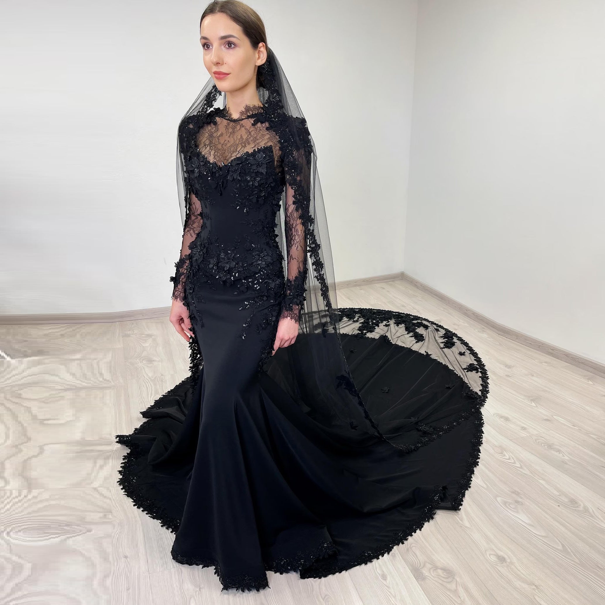 Black Gothic Lace Mermaid Wedding Dress with Long Sleeves SW552